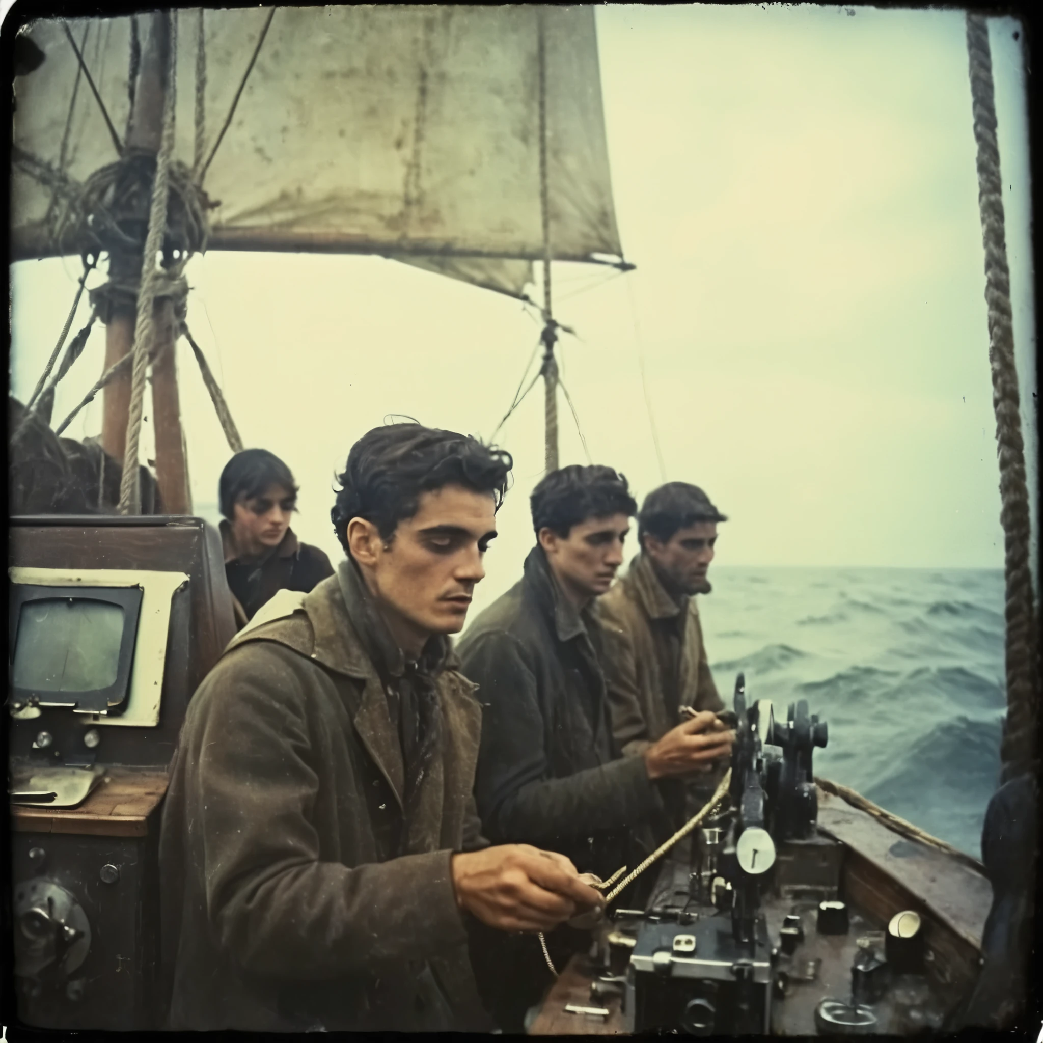 side-view, perspective, grainy, polaroid, 35mm vintage, super realistic old photo, old camera, heavy shading, eerie, horror 4 young adults on sail-boat in the Atlantic ocean, operating ham-radio, transmitter and receiver