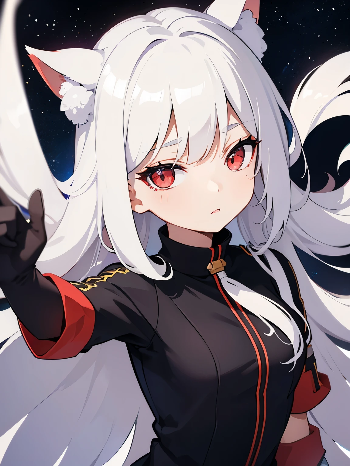 masterpiece, intrincate, full doby, 1girl, :3, cat_ears, bangs, black_background, black_jacket, blush, binary codes, cat features, choker, cleavage, collarbone, eyebrows_visible_through_hair, green_eyes, hair_between_eyes, white_hair, silver_hair, short_hair, letterboxed, looking_at_viewer, medium_breasts, sarashi, virtual_youtuber, wears techwear clothes, detailed, 4K, HDR, hight_contrast, hologram FX, cyberpunk, neon FX, electronic, mecanincs, wires, microchips
