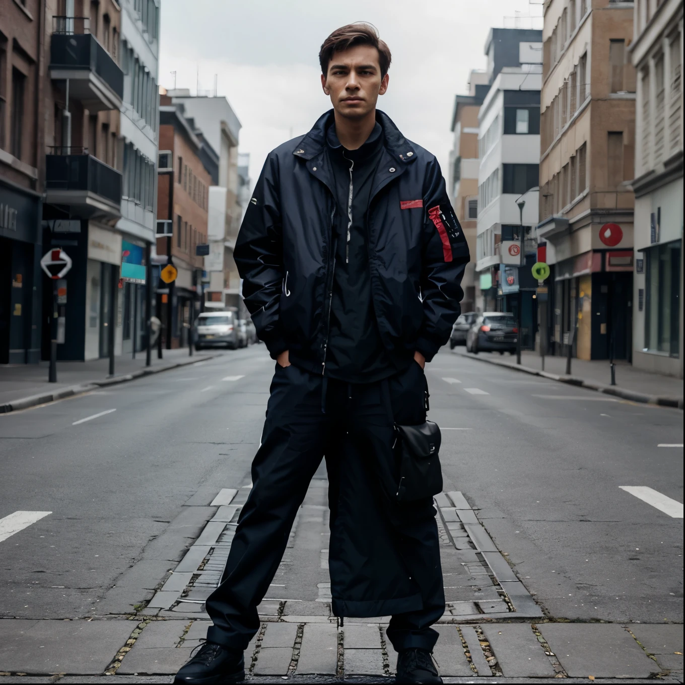 One man standing with no emotion on face,full body, wearing jackets, 4k