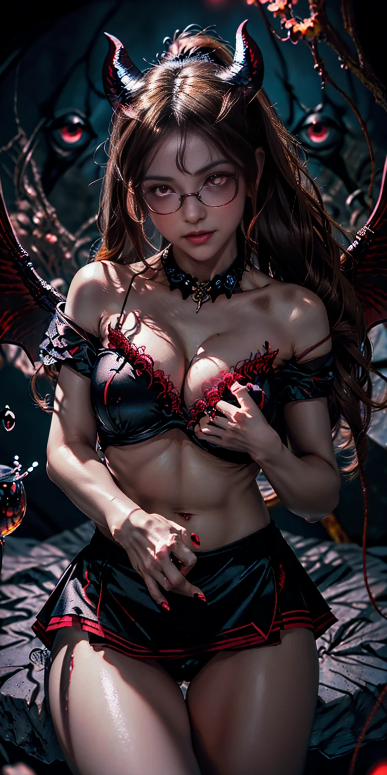 (The best illustrations)、realisitic、ultra-detailliert、The best lighting、Best Shadows、alluring succubus, ethereal beauty, perched on a cloud, (fantasy illustration:1.3), enchanting gaze, captivating pose, delicate wings, otherworldly charm, mystical sky, (Luis Royo:1.2), (Yoshitaka Amano:1.1), Dungeon and Dragon、caves、Dungeon、 A Necromancer、natta、Dark style、Succubus、Devil's Daughter、Bat Wings，(((Demon Hornlack-rimmed round glasses))))、(red eyes glowing:1.6)、​beautiful countenance、Tindall Effect、(High Detail Skins:1.2) absurderes、Ponytail distortion、jewely、Beautiful expression、Toned waist、Wide buttocks、Tindall Effectmasuter piece、top-quality、Highest Standards、Top image quality、masutepiece、intricate detailes、High resolution、Depth Field、natural soft light、profetional lighting、Great smile、(High Detail Skin: 1.2)、photorealistic anime girl render、Strong highlights of the eyes、Perfect Anatomy、crotch open、Shy、Spreading your legs、Panties are visible、Skirt flipping、Body shiny with oilerectile nipple))、8K resolution、intricate clothing、Intricate details、Panties visible through the skirt、Panties in full view、Small panties, pink nipple, pink pussy