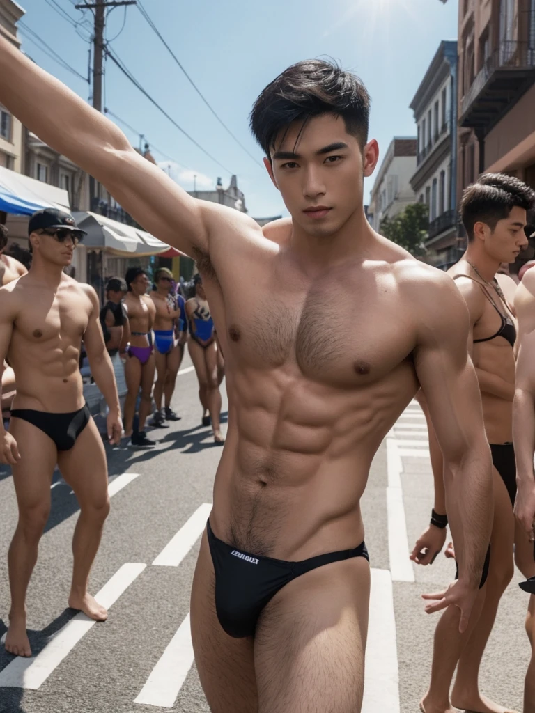 1boy,one handsome man,Asian,(head turned, looking at viewer:1.5),(short black hair:1.3),perfect hands,five fingers on each hand,black boots,(sexy bikini thong:1.3), (pubes: 1.3), shirtless, topless, lifted arms, muscular,(manly pose on the gay parade:1.5),street,day,daytime,natural lighting,outdoor,best quality,masterpiece,ultra highres,photorealistic,realistic,