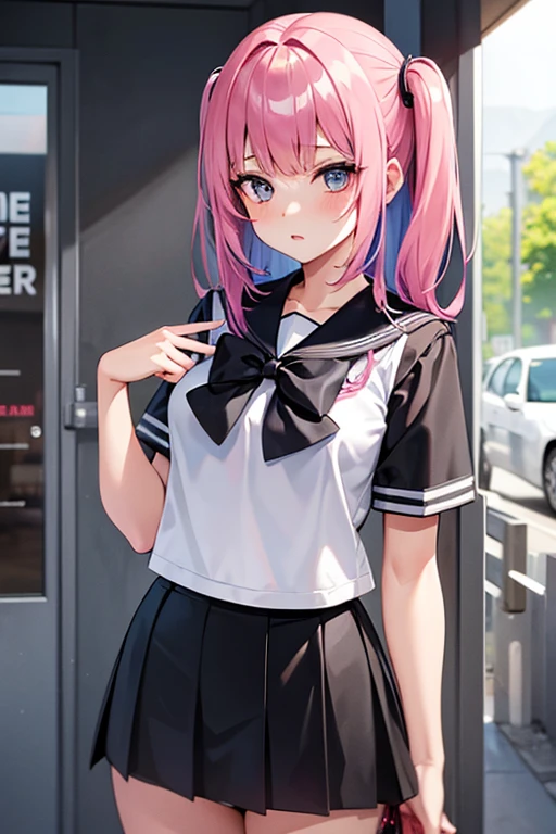 Girl with pink black and blue hair in a black school outfit