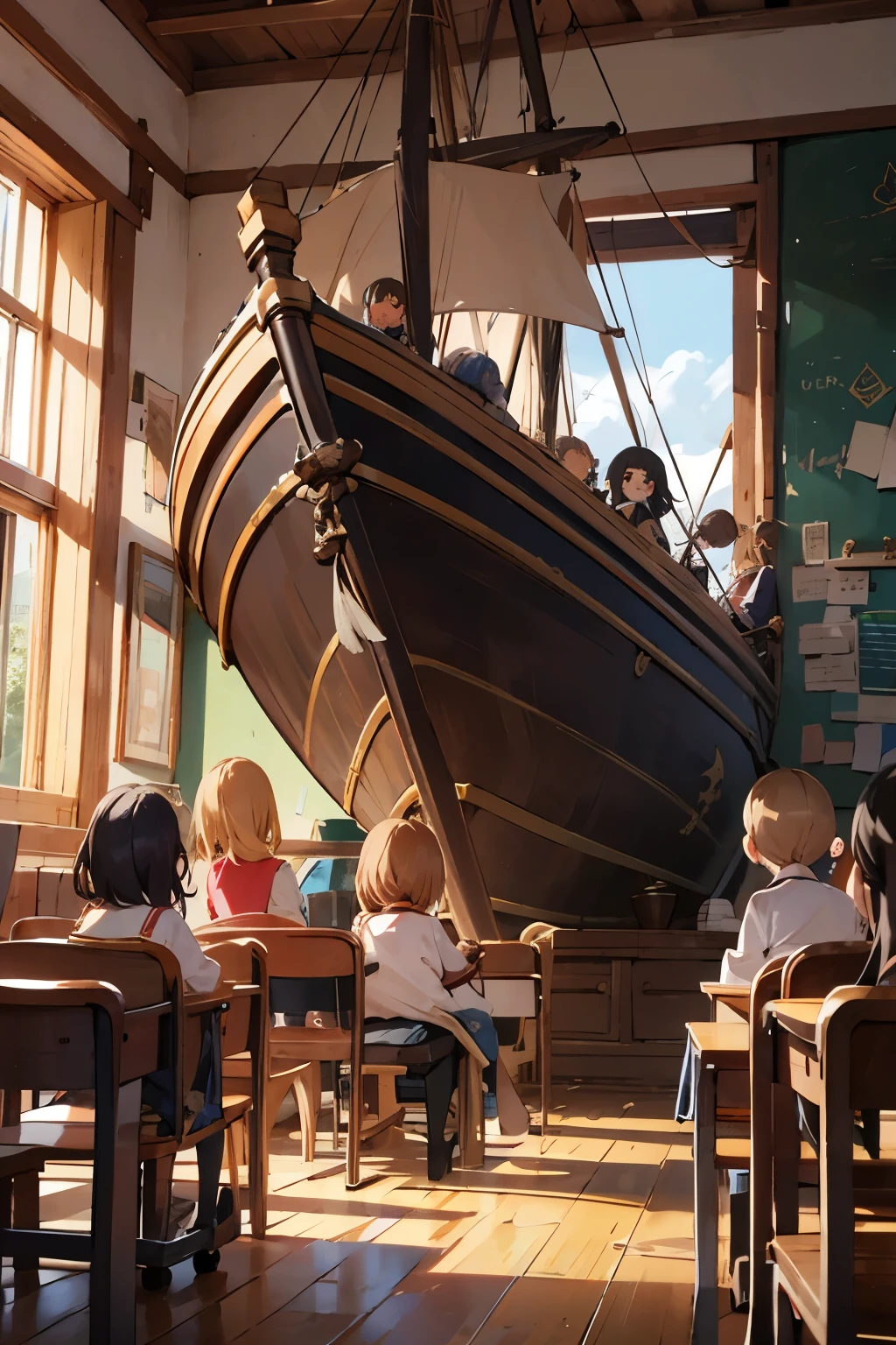 It shows the pirate ship with the children inside teaching class sitting around a blackboard. It represents a pirate ship where the crew is a class of 4 elementary school children of various races., a girl in a wheelchair, otro ciego, una bandera feminista y otra LGTBI. Muestra animales y respeto. Hay una maestra y una pizarra