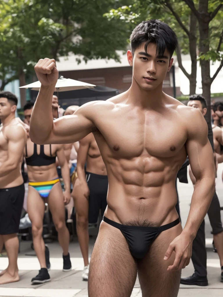 1boy,one handsome man,Asian,(head turned, looking at viewer:1.5),(short black hair:1.3),perfect hands,five fingers on each hand,black boots,(sexy bikini thong:1.3), (pubes: 1.3), shirtless, topless, lifted arms, muscular,(manly pose on the gay parade:1.5),street,day,daytime,natural lighting,outdoor,best quality,masterpiece,ultra highres,photorealistic,realistic,
