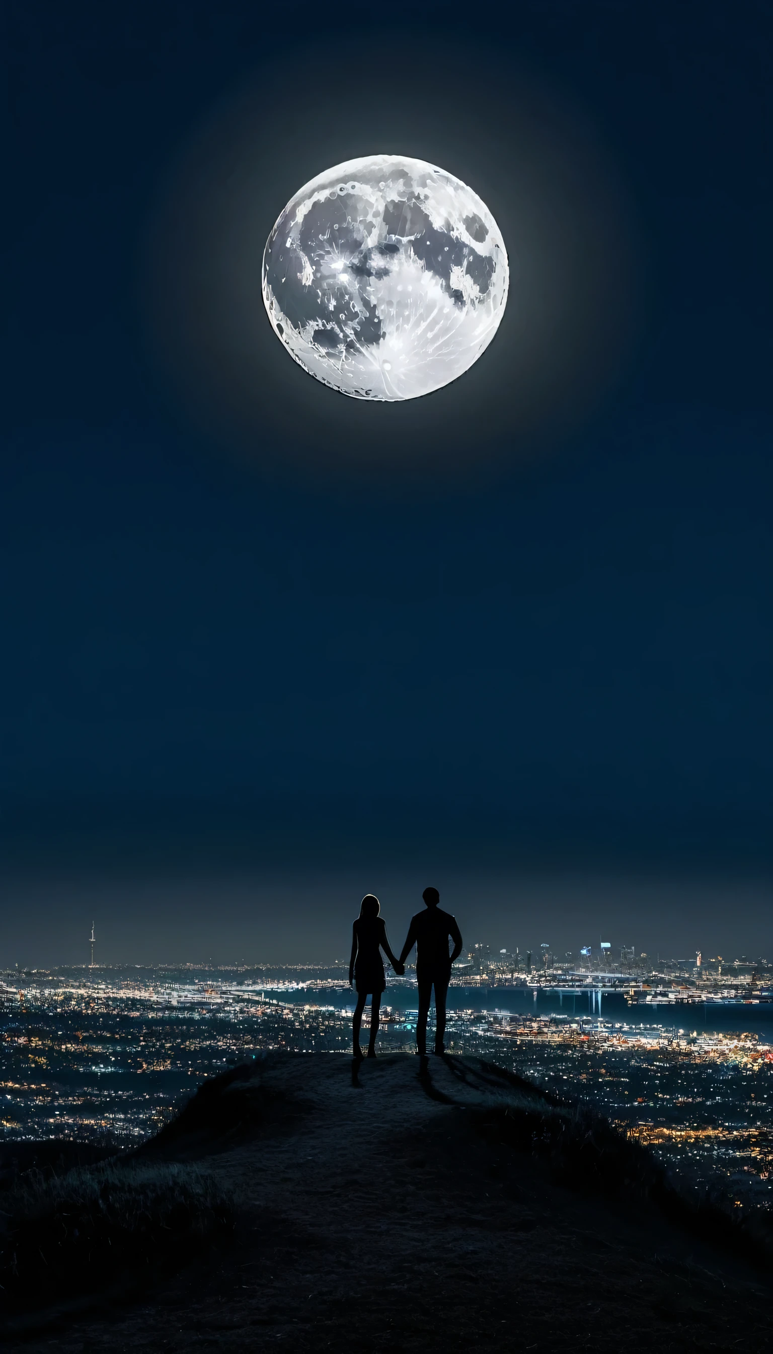 there are two people standing on a hill looking at the city, holding hands in the moonlight, looking at the full moon, looking at the moon, two moons in the sky, looking over city, at night with full moon, at night with moon light, by Niko Henrichon, city lights on the horizon, us in a vast night, lights in distance