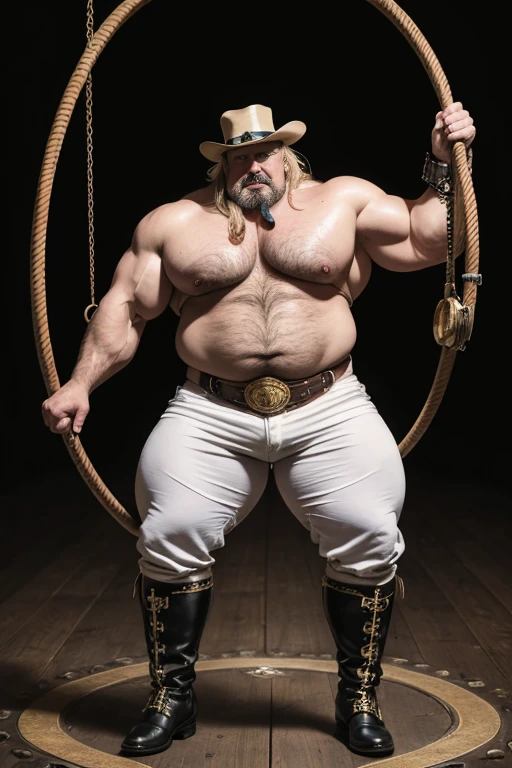 Hyperrealistic image of an old 19th century blonde German Steampunk circus ringmaster superhero with bare torso gray hair with huge handlebar mustaches A super heavy bodybuilder flexing his muscles A full body obese bodybuilder with a very sweaty body An elderly extremely muscular man and extremely fat over 70 years old weighing over 600 pounds a very hairy muscular man with very large sagging legs Large pectorals dark nipples and gynecomastia on the ring of a Steampunk circus wearing white jodhpurs black high boots bowler hat in the head and a whip in one hand