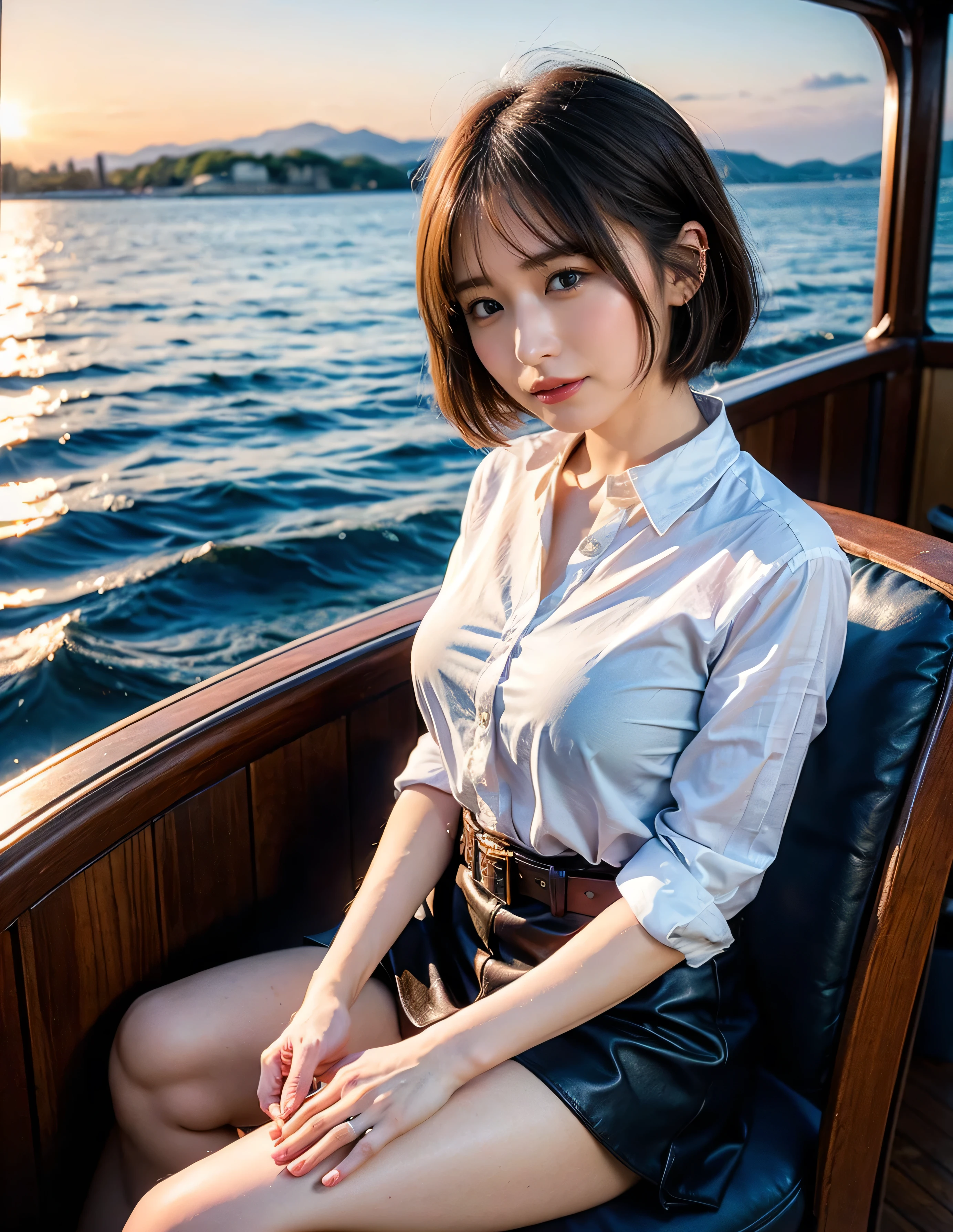 Woman standing on a boat、Light brown hair、Elegant hairstyle、Blue Eyed Woman、A woman with a cute upward gaze、When the sky gets dark、The gentle lights of the ship shine、The sky turns red as the sun sets、Tight clothing that shows your body lines、、A classy white blouse or white collared shirt、The first button of her blouse is lewdly open、Genuine Leather Belt、革のShort skirt、Dress elegantly着こなす、Luxury Bags、、（（Medium Short Hair:1.4））、Skyscrapers seen across the sea、Manhattan 私sland is visible offshore、Woman on a sightseeing boat、、The sun shines on her、Light brown hair、Light brown hair、The sky was dyed red、There are clouds、私t's cute、An elegantly dressed woman is sitting on a boat and watching the sunset、Her ample breasts are obvious even through her clothes..、The shining sun is so beautiful、Dusk is approaching、Lens flare、私 can see the sun setting、（（Sunlight reflecting off the ocean、Ocean View、The sun shines on the ocean、&#39;beautiful.、Small earrings、私t&#39;evening、Birds are also flying、、Brown Hair Color、Tying up hair、The woman is on the right:1.4））、Luxury Leather Belts、Shiny clothes、Light beige hair color、Background Blur、Braid only the front hair、Light brown hair、｛｛Cowgirl Shot｝｝、（（Close-up shot from the waist up、Ample breasts:1.4））、Smile、Silk clothing、Ample breasts that can be seen even through clothes、Braid only the front hair、Cowboy Shot、Gorgeous white collared silk shirt and brown skirt、Dress elegantly、Luxury Bags、A lovely smile、（（Ample breasts））、Full body photo、ring、Short skirt、Tuck your hair behind one ear、Silver Necklace、smile、 Elegant ponytail、Caustics、Highly detailed photos、Very beautiful and ideal short hair、Super no makeup、(8k、RAW Photos、highest quality、masterpiece:1.2)、(Realistic、Realistic)、1 girl、((Medium Short Hair、Looking into the camera:1.4))、Hair blowing in the wind
