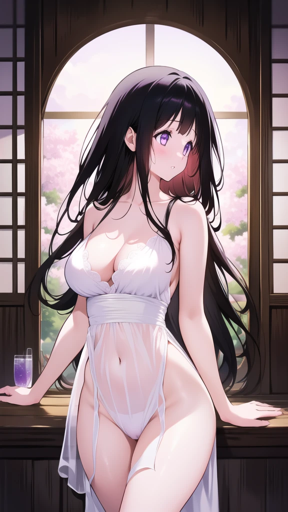 Amazing Chitanda, There is only one beautiful girl,Purple Eyes, Black Hair, Very red face,Very white skin,Glowing skin,Skin as delicate as porcelain,Naturally straight hair, Straight bangs,Extremely refined,Open lips,Long flowing hair,Beautiful Girl, Like a dream,Slim,Slim waist,Soft, (Sensual), (Kawaii), Dream quality,Beautiful big breasts,Areola,Completely naked,Wearing a transparent wedding dress,Flower decoration,Deep V neckline,Loose neckline,Wide neckline,In a traditional Japanese garden,window,Profile,Hips,Side body,Gluteal groove,Bare back,Light transmission,no pants,pussy juice,Bare shoulders,Bare neck,Exposed collarbone,Exposing breasts,Exposing breasts侧面,Show your waist,Show your buttocks,Show your thighs,Exposing the groin,No pants,extremely shy,Ultra-high resolution, (masterpiece:1.2, best quality), (Delicate and beautiful eyes: 1.2), (Beautiful and delicate face)