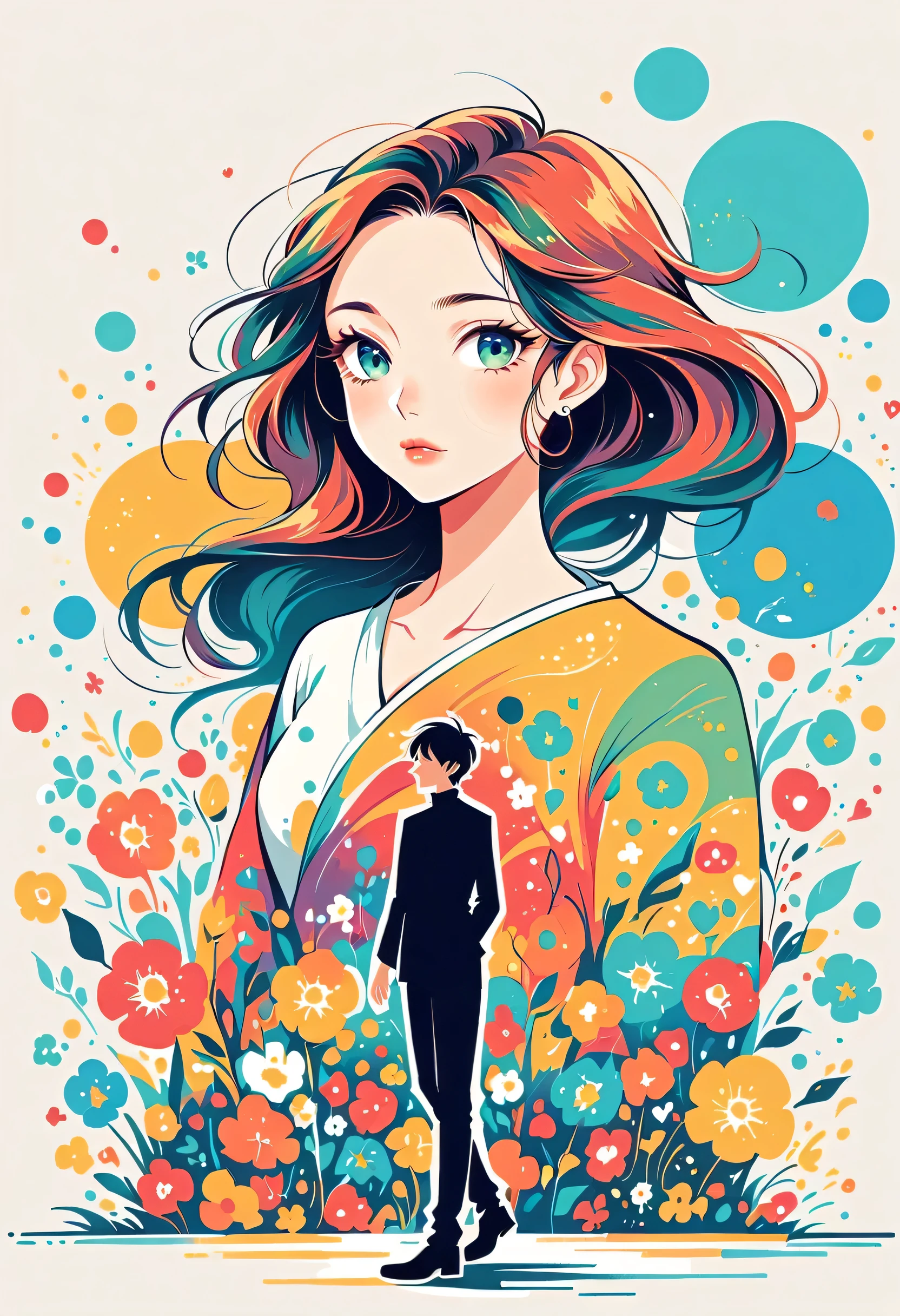 Watase Seizo style, Standing in front of a high wall，Simple Line Initialism，Abstract art，Urban Background, (((The most beautiful girl))), Lips in Love, walking, colorful flowers