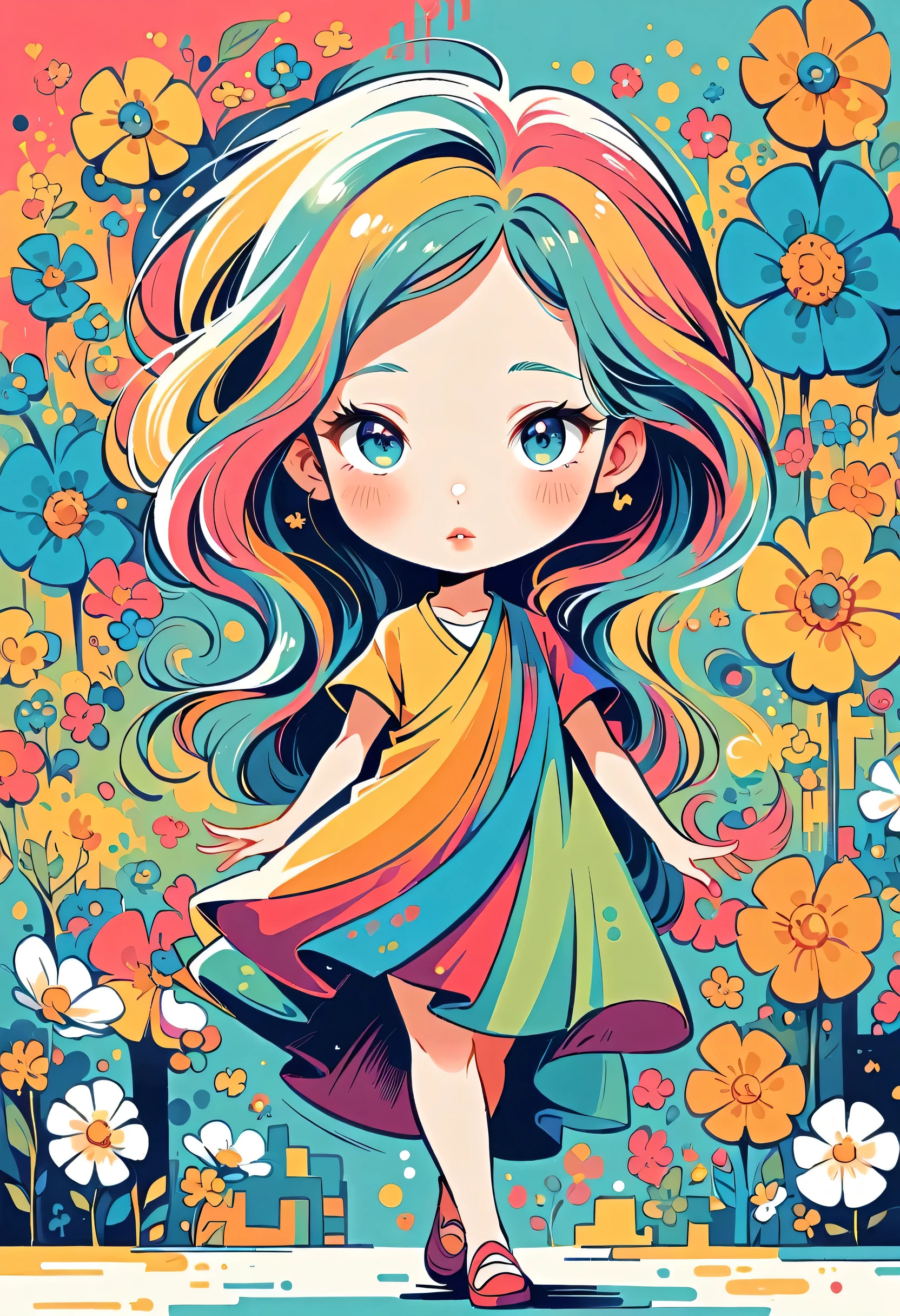 Watase Seizo style, Standing in front of a high wall,Simple Line Initialism,Abstract art,Urban Background, (((The most beautiful girl))), Lips in Love, walking, colorful flowers