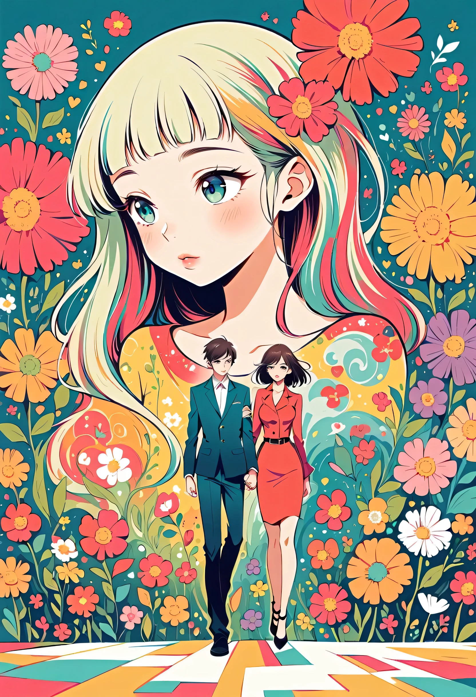 Watase Seizo style, Standing in front of a high wall,Simple Line Initialism,Abstract art,Urban Background, (((The most beautiful girl))), Lips in Love, walking, colorful flowers
