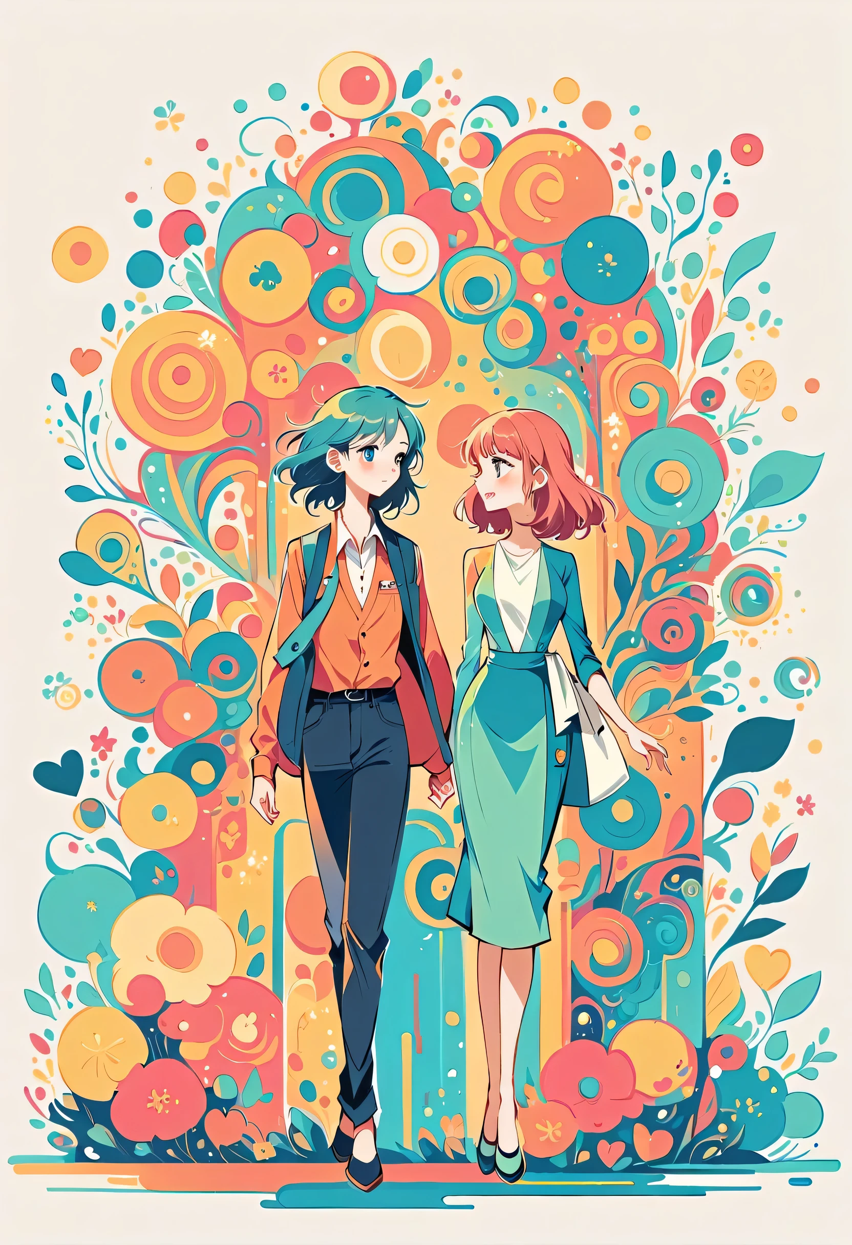 Watase Seizo style, Standing in front of a high wall,Simple Line Initialism,Abstract art,Urban Background, (((The most beautiful girl))), Lips in Love, walking, colorful flowers