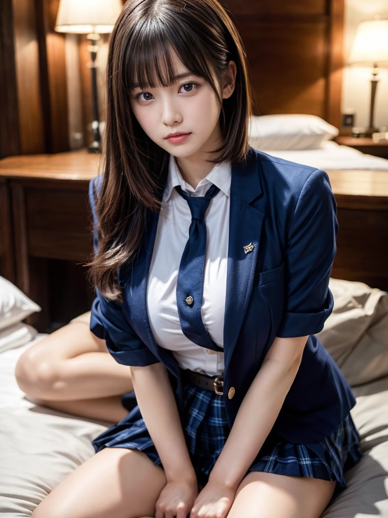 ultra highres,(reality: 1.4),highest quality, masterpiece, high detail, 16K quality, beautiful, 1 beautiful girl,japanese,super beautiful face,baby face,japanese idol face,cute face,super detailed face,detailed hand,beautiful skin,oily skin,big eyes,profeccional lighting,medium hair,brown hair,black beautiful eyes, big smile,laying down on bed, spread legs,(skirt lift),spread pussy,detailed pussy,show pussy,medium breasts,navy blazer,white shirt,open button,cleavage,(checked skirt),high socks,she is looking at the camera,hotel,nsfw,