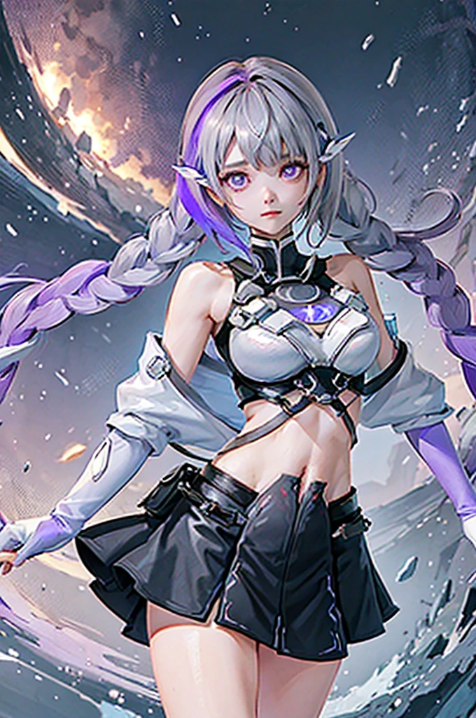 Manga Page, Doujinshi, Download contents, anime, Branch Panel, (From right to left, Top to bottom),ソフトanimeスタイル、highest quality、masterpiece、Official Art、16k、The best configuration、The best light source、Very detailed、so beautiful、Very detailedな目、Purple eyes、Twin-tailed braid、yinji,1girl,purple eyes, long hair, twin braids, purple hair, multicolored hair, elbow gloves, bangs, very long hair,bare shoulders, black skirt, grey hair, dress, smile, side cutout,covered navel, side cutout,Meeting between a man and a woman、like、Calm、