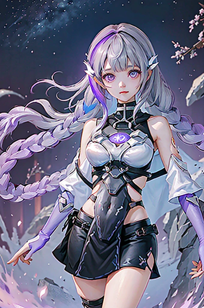 Manga Page, Doujinshi, Download contents, anime, Branch Panel, (From right to left, Top to bottom),ソフトanimeスタイル、highest quality、masterpiece、Official Art、16k、The best configuration、The best light source、Very detailed、so beautiful、Very detailedな目、Purple eyes、Twin-tailed braid、yinji,1girl,purple eyes, long hair, twin braids, purple hair, multicolored hair, elbow gloves, bangs, very long hair,bare shoulders, black skirt, grey hair, dress, smile, side cutout,covered navel, side cutout,Meeting between a man and a woman、like、Calm、