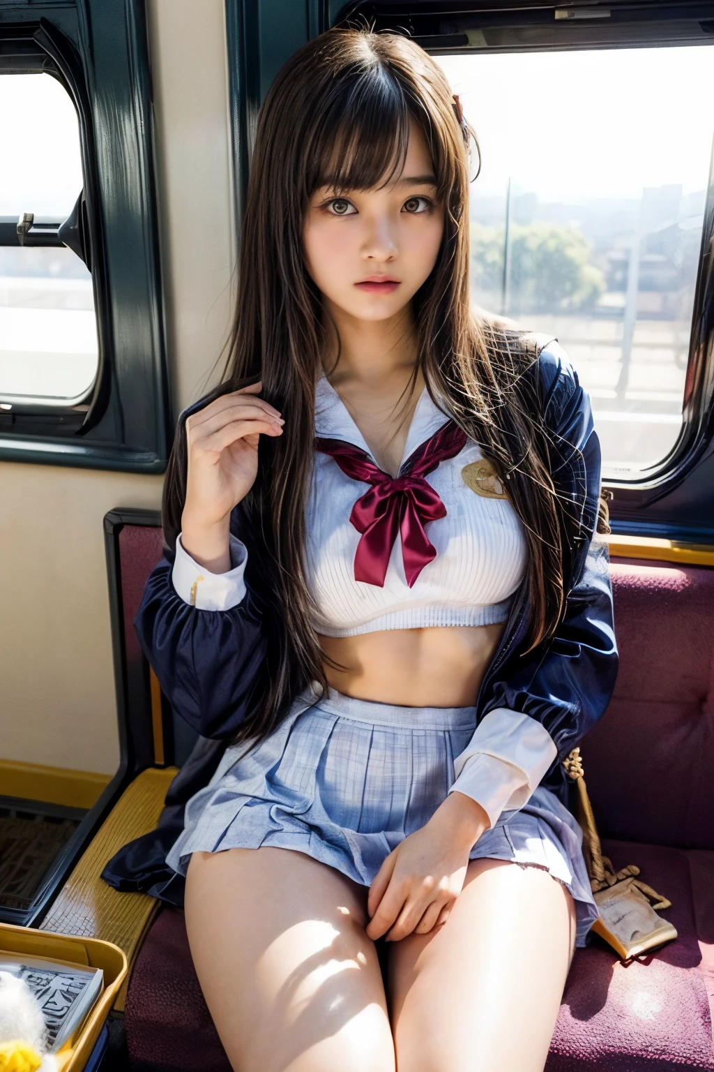 (8K、Raw photo、highest quality、masterpiece:1.2)、(realistic、Photoreal)、1 girl,(High school girl pulls up her skirt on the train and shows off your panties,Lift up the bottom of your dress to show your bra,nsfw:1.6)、(cute face:1.3)、Japanese 1 girl,(Japan High School Girl)、(1 real high school girl)、(Japan High School Uniforms:1.6),small breasts,perfect skin,detail skin,(cute girl:1.7)