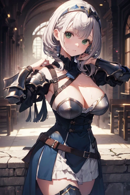 (Official Art、highest quality、Unity 8K Wallpaper、32k、masterpiece、Very detailed、超High resolution、Realistic、Photorealistic:1.2)、(Cinema Lighting:1.2)、Fire glow effect、Film Grain、Best Shadow、Rim Light、Side light、(Very detailedで複雑な3Dレンダリング)、(((Switzerland、Very beautiful background)))、Beautiful face and eyes in every detail、(Beautiful and sharp eyes)、masterpiece, High resolution、highest quality, ultra High resolution, Maximum resolution, Very detailed, Professional Lighting, Beautiful Skin, 28-year-old woman、Green Eyes、(((((Place your hands behind your head)))))、(((Show off big、Areola、Very embarrassed)))、Silver Hair、Medium Hair、Bob Hair、Hololive、((Shirogane Noel))、knight、(Blue and white armor、Circlet)、skirt、(royal palace、city、Cobblestones)、((Zoom to chest、Focus on the chest))、Sweat、((Accurate Anatomy))