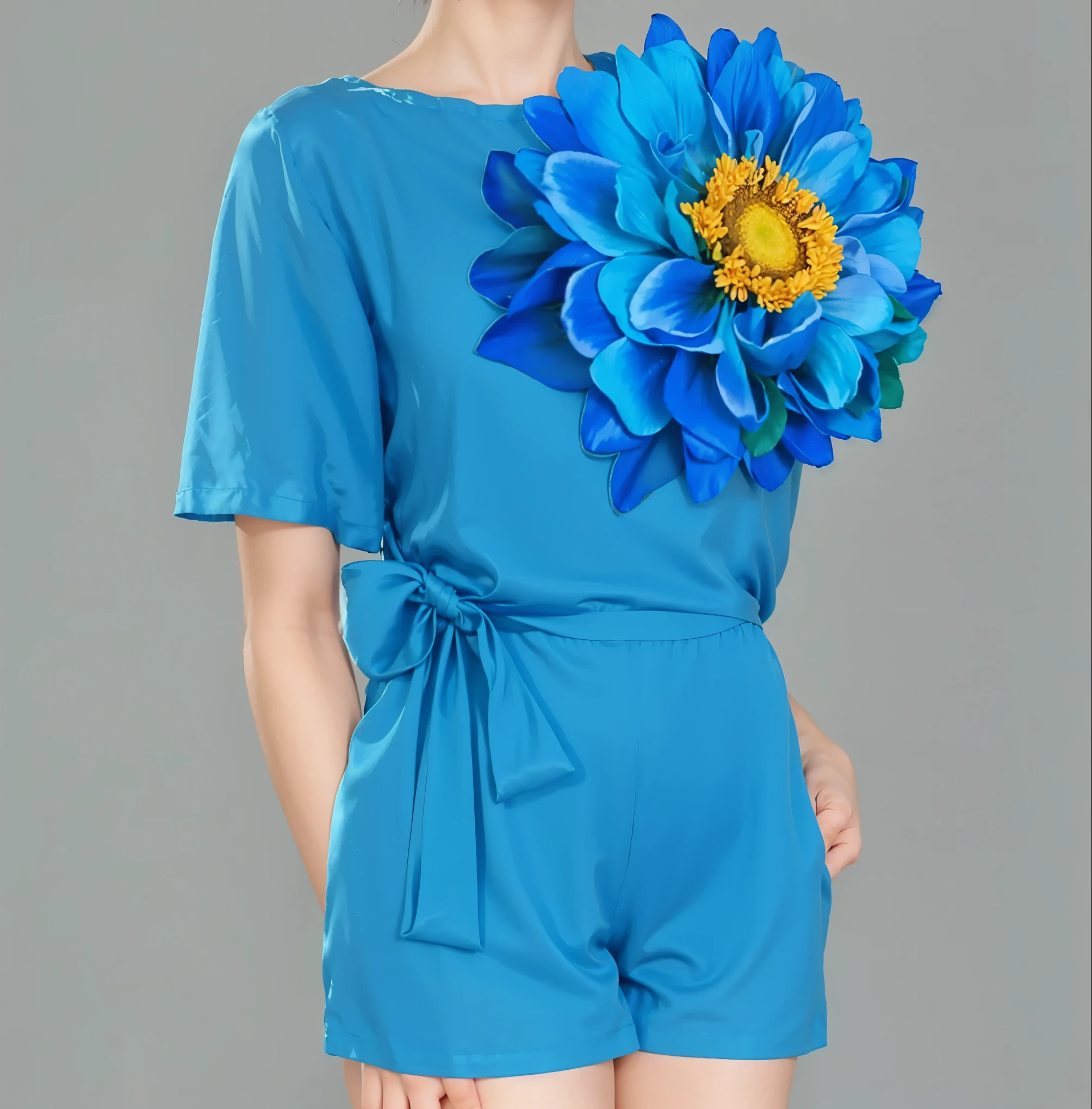 blue Short-sleeved silk jumpsuit with 3D flower appliqué.