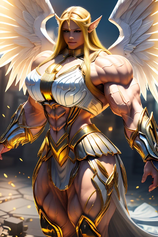 ((((Massive tall, beautiful, buff, light brown skinned muscular angel woman with yellow hair, huge angel wings, ginormous bulky muscles, flying and wearing a beautiful white angel futuristic armor with pleated skirt)))), (close view), massive muscles, massive biceps, hyper muscle shoulders, massive muscle arms, vascular shoulders, hyper muscle triceps, huge angel wings, (long flowing hair), pleated skirt, gray eyes, choker, angel gauntlets, on top of a magical skyscraper in a mystical world, smile, hyper vascular arm, hyper muscles arms, hyper muscle legs, (massive arms).