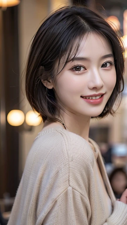 cute 21 year old japanese、Drink coffee in a café、Nice cafe、super detail face、pay attention to details、double eyelid、beautiful thin nose、sharp focus:1.2、Beautiful woman:1.4、(light brown hair,short hair、),pure white skin、highest quality、masterpiece、ultra high resolution、(Photoreal:1.4)、Highly detailed and professional lighting、nice smile、Show the whole body、cute colorful winter clothes、