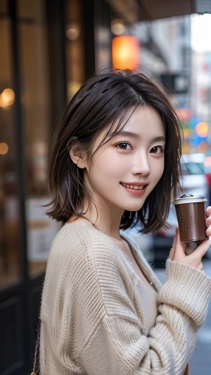 cute 21 year old japanese、Drink coffee in a café、Nice cafe、super detail face、pay attention to details、double eyelid、beautiful thin nose、sharp focus:1.2、Beautiful woman:1.4、(light brown hair,short hair、),pure white skin、highest quality、masterpiece、ultra high resolution、(Photoreal:1.4)、Highly detailed and professional lighting、nice smile、Show the whole body、cute colorful winter clothes、