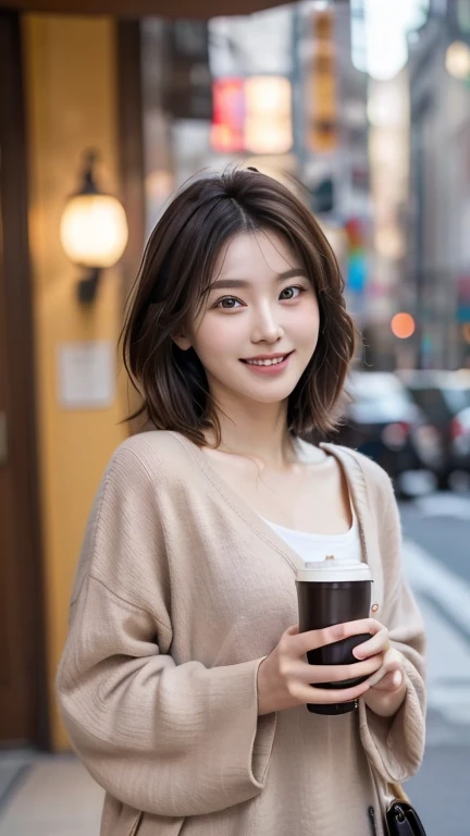 cute 21 year old japanese、Drink coffee in a café、Nice cafe、super detail face、pay attention to details、double eyelid、beautiful thin nose、sharp focus:1.2、Beautiful woman:1.4、(light brown hair,short hair、),pure white skin、highest quality、masterpiece、ultra high resolution、(Photoreal:1.4)、Highly detailed and professional lighting、nice smile、Show the whole body、cute colorful winter clothes、