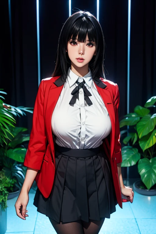 sit in tropical rainforest , steam , waistband of skirt is at the point above chest , Tight shirt , white Shirt , school girl , skirt under breasts , skirt is near breasts area , skirt is adjacent to the chest , jabami yumeko, black hair, long hair, blunt bangs , red jacket, shirt, black skirt , big breasts , pikkyyumeko pikkyyumeko, 1girl, solo, looking at viewer, black hair, bangs, blunt bangs, long hair, very long hair, hime cut, red eyes, glowing eyes, breasts, large breasts, , shirt, red jacket, jacket, white shirt, collared shirt, lips, blazer, black pantyhose, mary janes, full body,