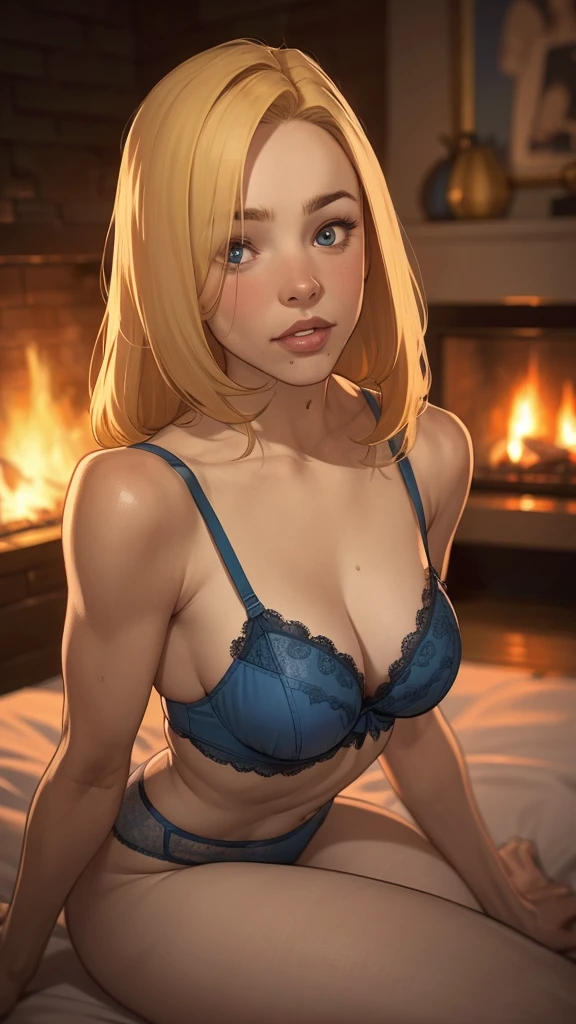 blonde woman in blue lingerie sitting on the bed in front of the fireplace, even model | digite germe, commission for high resolution, extremely detailed digite germe, in the style digite germe, style digite germe, ! dream digite germe, no estilo de Ross Tran, DeviantArt Artstation CGScosiety, drawn in the style of digite germe close upmodo retrato 