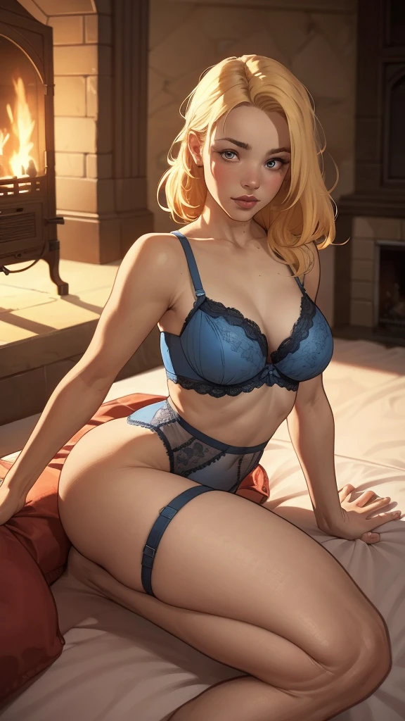 blonde woman in blue lingerie sitting on the bed in front of the fireplace, even model | digite germe, commission for high resolution, extremely detailed digite germe, in the style digite germe, style digite germe, ! dream digite germe, no estilo de Ross Tran, DeviantArt Artstation CGScosiety, drawn in the style of digite germe close upmodo retrato