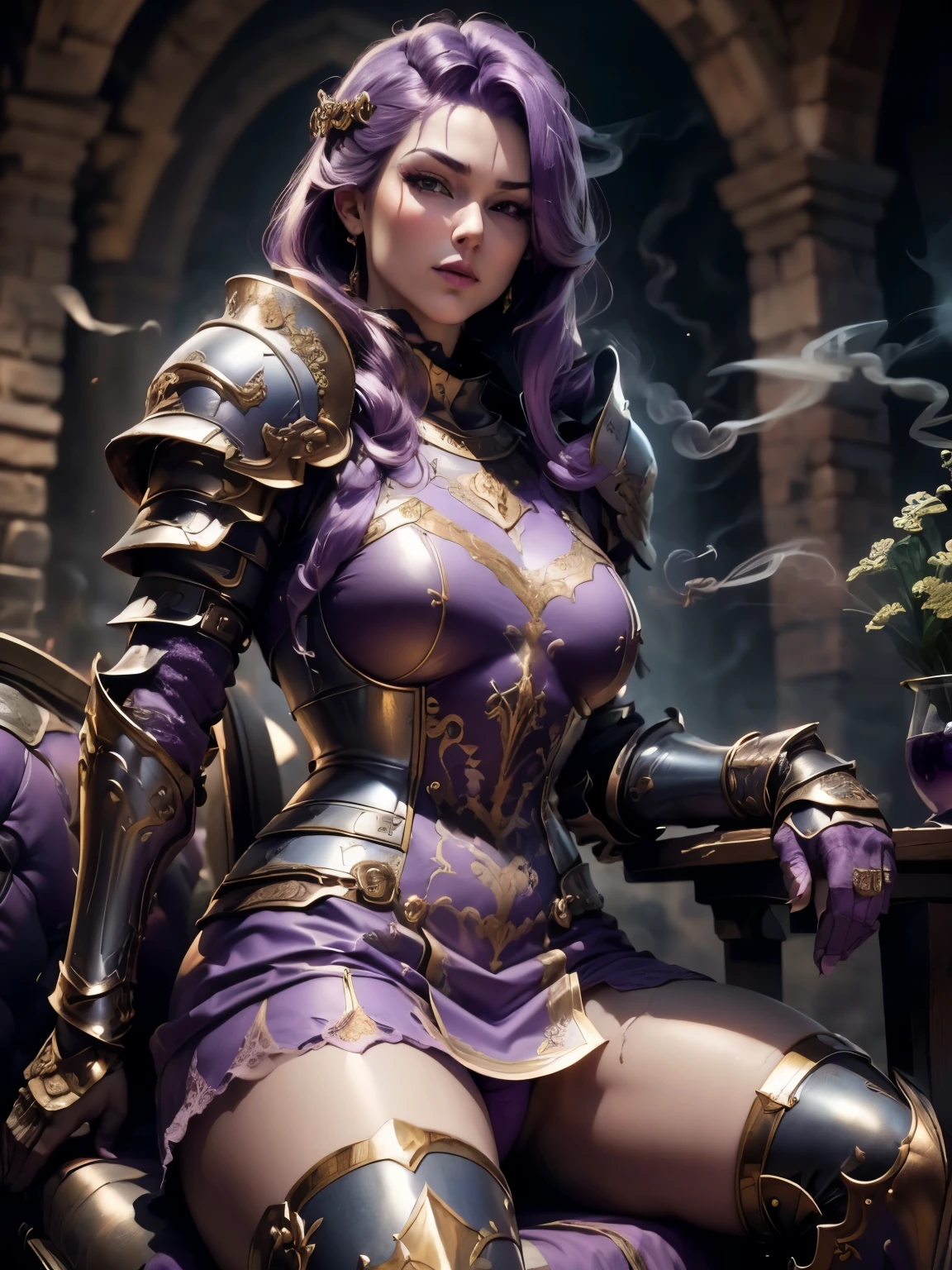 (Masterpiece, Superb Detail, Super Detailed, High Resolution), Male Focus, (((Female Armor))), (((Armor Purple Dress Set))), (She Has Long Purple Hair, Medium Breasts, Slim, perfect body, beautiful face), look at viewer, (((purple panty))), (((smoke))), ((Turn back, Sit on Skull Chair)), City Ruins, Background Details, Solo