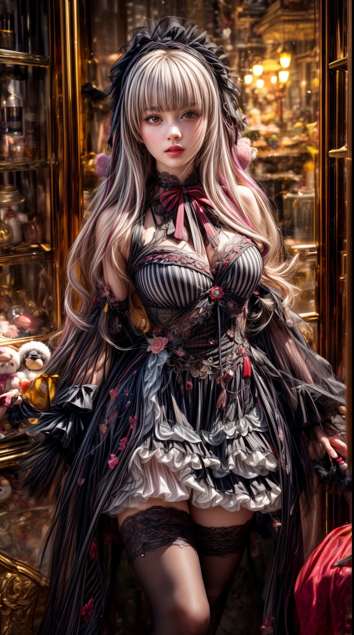 Mature Woman、Pink Hair、Light grey hair、((Two-tone hair))、Black Lolita dress with delicate pink embellishments、Slender women、Cute Woman、 8K Ultra HD,Detailed face、Delicate texture, Long Hair、(((Blunt bangs)))、(((Drill Hair)))、Tutu skirt、Thigh-length lace tights、short boots、((Psychedelic Lolita))、mini skirt、A room in a Western-style building、((Delicate photo))，(Girl Astepeace RAW Photo Details:1.25), (highest quality:1.6), (超A high resolution:1.5), (Realistic:1.75), 8K resolution, Canon EOS R5, 50mm, Absurd, Very detailed,Cinema Lighting、((stuffed toy:1.25))、Browsing Caution:1.45