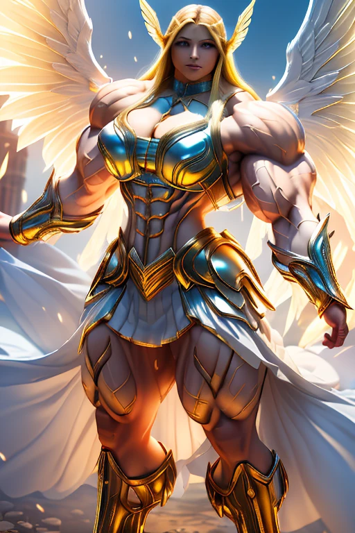 ((((Massive tall, beautiful, buff, light brown skinned muscular angel woman with yellow hair, huge angel wings, ginormous bulky muscles, flying and wearing a beautiful white angel futuristic armor with pleated skirt)))), (close view), massive muscles, massive biceps, hyper muscle shoulders, massive muscle arms, vascular shoulders, hyper muscle triceps, huge angel wings, (long flowing hair), pleated skirt, gray eyes, choker, angel gauntlets, on top of a magical skyscraper in a mystical world, smile, hyper vascular arm, hyper muscles arms, hyper muscle legs, (massive arms).