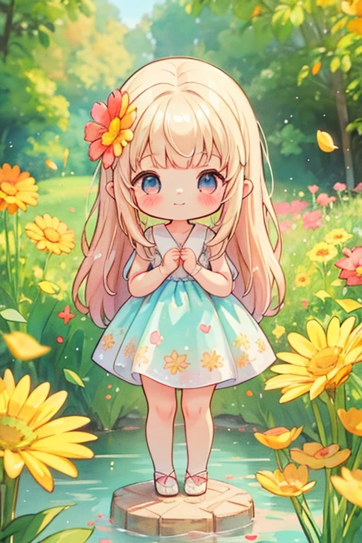photoRealstic、Doll standing in front of the painting(nendroid)、A smile、Water droplets on the cheeks、In a cute pose、watercolor Nendoroid、(High Definition Figure)、Flowing iridescent silk、up of face、Eye Up、Colorcon with heart pattern、Floral dresaking a heart with both hands、There are also flowers in front of the nendroids、flower petals、season!!: summer☀ 🍂