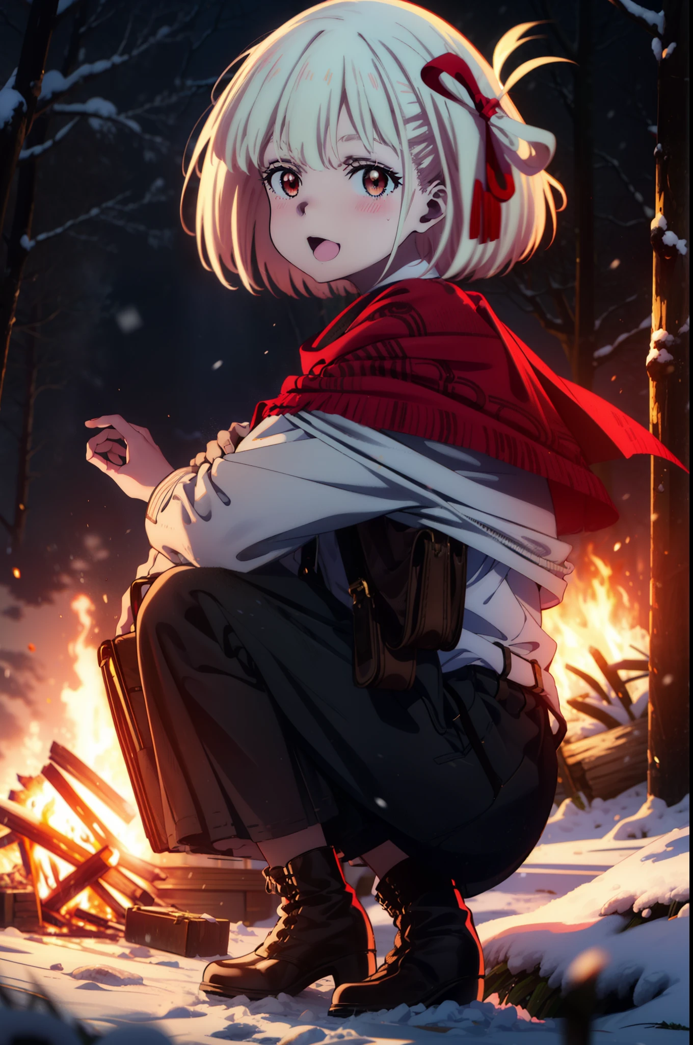 chisatonishikigi, Chisato Nishikigi, short hair, bangs, blonde, (Red eyes:1.5), Hair Ribbon, One side up, Bobcut,smile,blush,happy smile, smile, Open your mouth,
White Breath, Open your mouth,snow, Ground bonfire, Outdoor, boots, snowing, From the side, wood, suitcase, Cape, Blurred, Increase your meals, forest, White handbag, nature, Squat, Mouth closed, フードed Cape, winter, Written boundary depth, Black shoes, red Cape break looking at viewer, Upper Body, whole body, break Outdoor, forest, nature, break (masterpiece:1.2), highest quality, High resolution, unity 8k wallpaper, (shape:0.8), (Beautiful and beautiful eyes:1.6), Highly detailed face, Perfect lighting, Highly detailed CG, (Perfect hands, Perfect Anatomy),