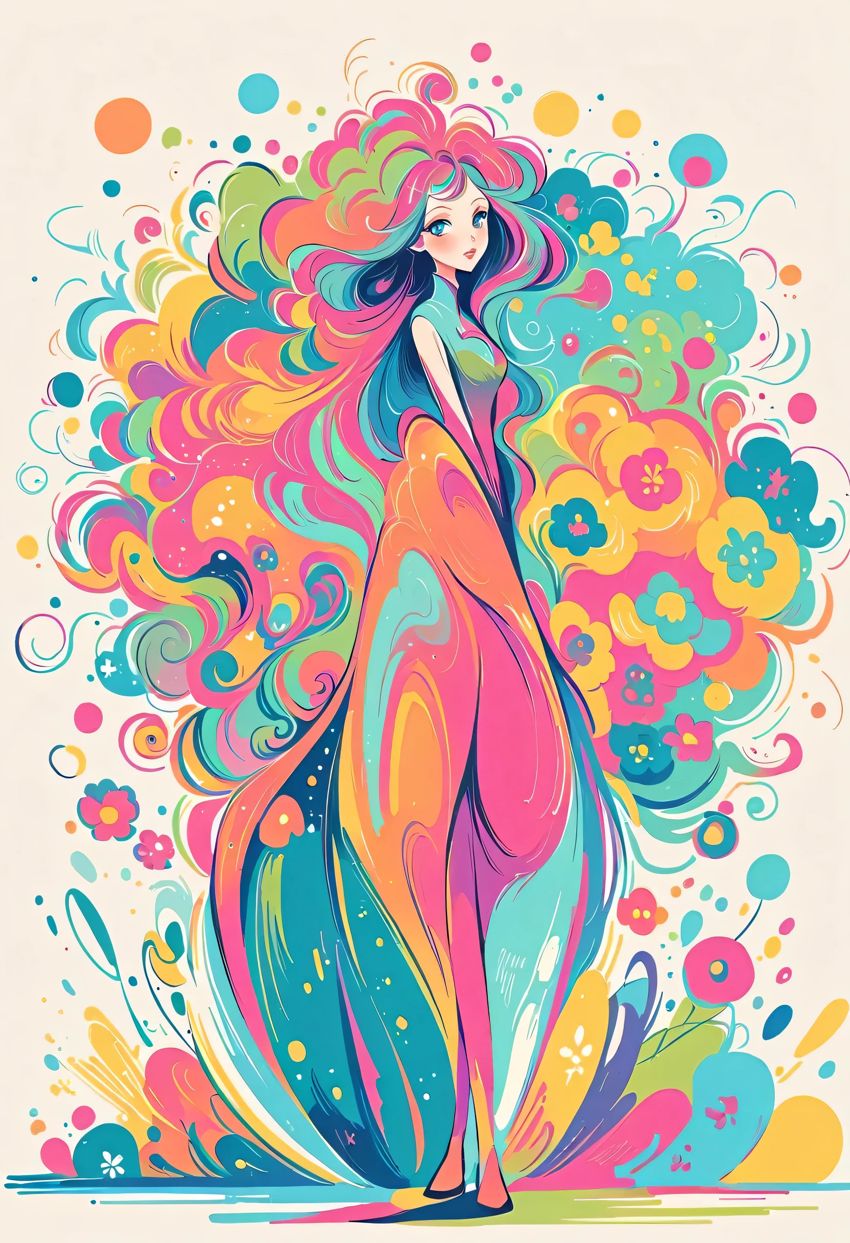 Watase Seizo style, Standing in front of a high wall,Simple Line Initialism,Abstract art,Urban Background, (((The most beautiful girl))), Lips in Love, walking, colorful flowers