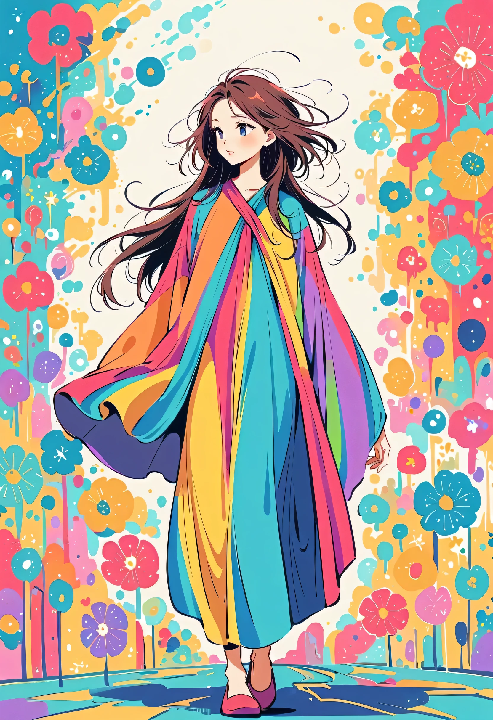 Watase Seizo style, Standing in front of a high wall,Simple Line Initialism,Abstract art,Urban Background, (((The most beautiful girl))), Lips in Love, walking, colorful flowers