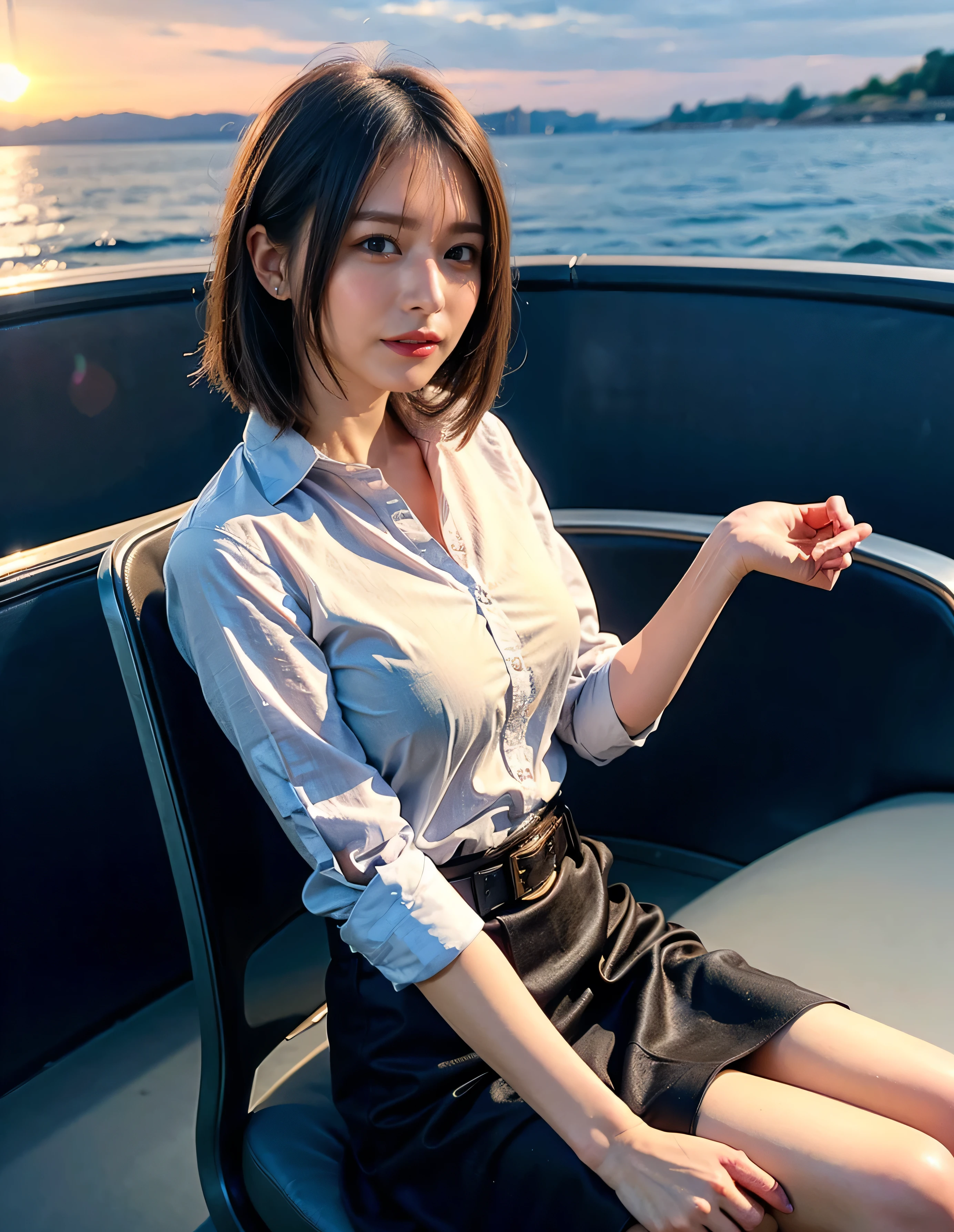 The sky turns red、Woman standing on a boat、Light brown hair、Elegant hairstyle、Blue Eyed Woman、A woman with a cute upward gaze、When the sky gets dark、The gentle lights of the ship shine、The sky turns red as the sun sets、Tight clothing that shows your body lines、、A classy white blouse or white collared shirt、The first button of her blouse is lewdly open、Genuine Leather Belt、革のShort skirt、Dress elegantly着こなす、Luxury Bags、、（（Medium Short Hair:1.4））、Skyscrapers seen across the sea、Manhattan 私sland is visible offshore、Woman on a sightseeing boat、、The sun shines on her、Light brown hair、Light brown hair、The sky was dyed red、There are clouds、私t's cute、An elegantly dressed woman is sitting on a boat and watching the sunset、Her ample breasts are obvious even through her clothes..、The shining sun is so beautiful、Dusk is approaching、Lens flare、私 can see the sun setting、（（Sunlight reflecting off the ocean、Ocean View、The sun shines on the ocean、&#39;beautiful.、Small earrings、私t&#39;evening、Birds are also flying、、Brown Hair Color、Tying up hair、The woman is on the right:1.4））、Luxury Leather Belts、Shiny clothes、Light beige hair color、Background Blur、Braid only the front hair、Light brown hair、｛｛Cowgirl Shot｝｝、（（Close-up shot from the waist up、Ample breasts:1.4））、Smile、Silk clothing、Ample breasts that can be seen even through clothes、Braid only the front hair、Cowboy Shot、Gorgeous white collared silk shirt and brown skirt、Dress elegantly、Luxury Bags、A lovely smile、（（Ample breasts））、Full body photo、ring、Short skirt、Tuck your hair behind one ear、Silver Necklace、smile、 Elegant ponytail、Caustics、Highly detailed photos、Very beautiful and ideal short hair、Super no makeup、(8k、RAW Photos、highest quality、masterpiece:1.2)、(Realistic、Realistic)、1 girl、((Medium Short Hair、Looking into the camera:1.4))、Hair blowing in the wind
