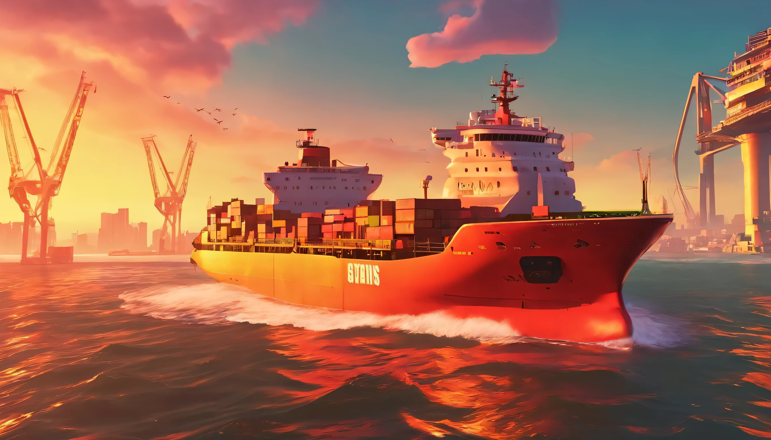 best quality, masterpiece, cinematic lighting, large cargo ship