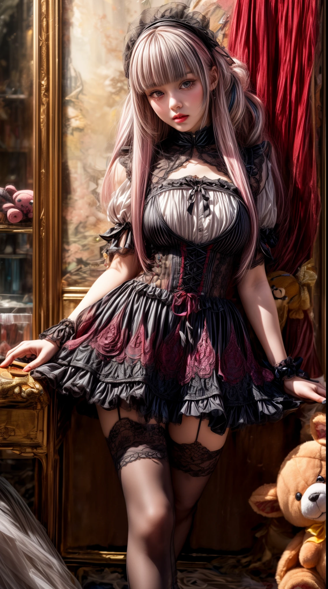 Mature Woman、Pink Hair、Black Hair、((Two-tone hair))、Black Lolita dress with delicate pink embellishments、Slender women、Cute Woman、 8K Ultra HD,Detailed face、Delicate texture, Long Hair、(((Blunt bangs)))、(((Drill Hair)))、Tutu skirt、Thigh-length tights、short boots、((Sweet Lolita))、mini skirt、A room in a Western-style building、((Delicate photo)),(Girl Astepeace RAW Photo Details:1.25), (highest quality:1.6), (超A high resolution:1.5), (Realistic:1.75), 8K resolution, Canon EOS R5, 50mm, Absurd, Super detailed,Cinema Lighting、((Lollipop and whiskey glass:1.25))