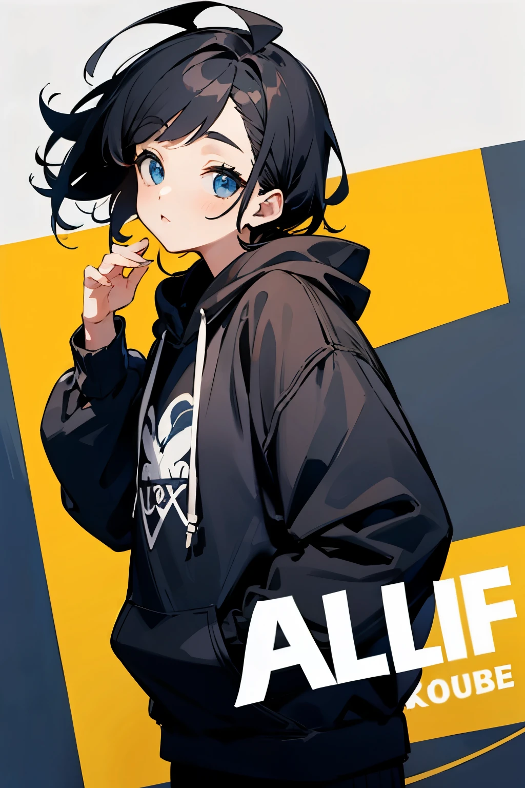 Black Hair、Half Up、
Black hoodie、Idol、