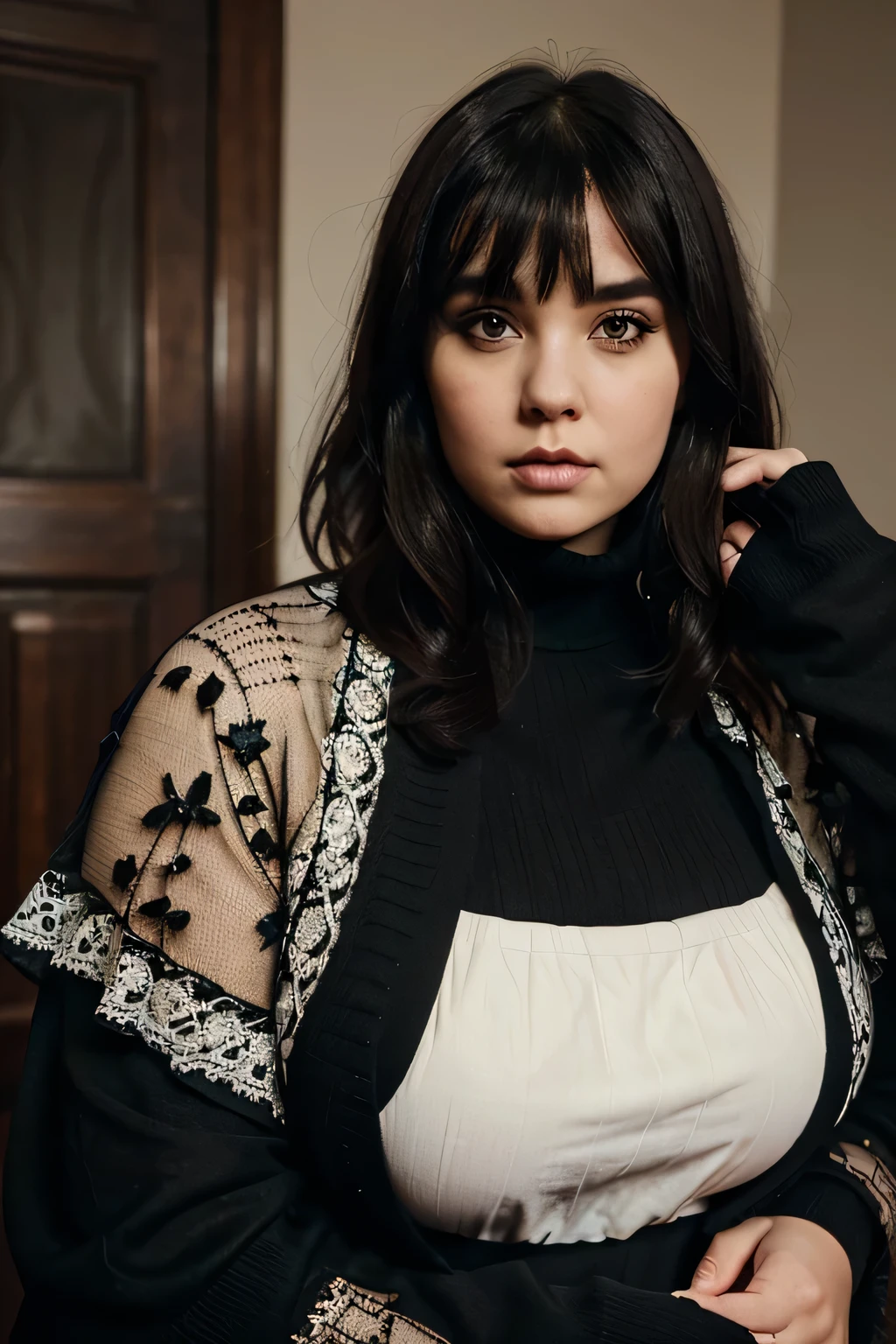 photography of a 20yo chubby woman, perfect face, chubby fat girl, masterpiece, long sleeve, gothic dress, lace cardigan, black, brunette hair with bang, short hair until shoulders, neutral pose, Instagram photo, black turtleneck, gothic makeup