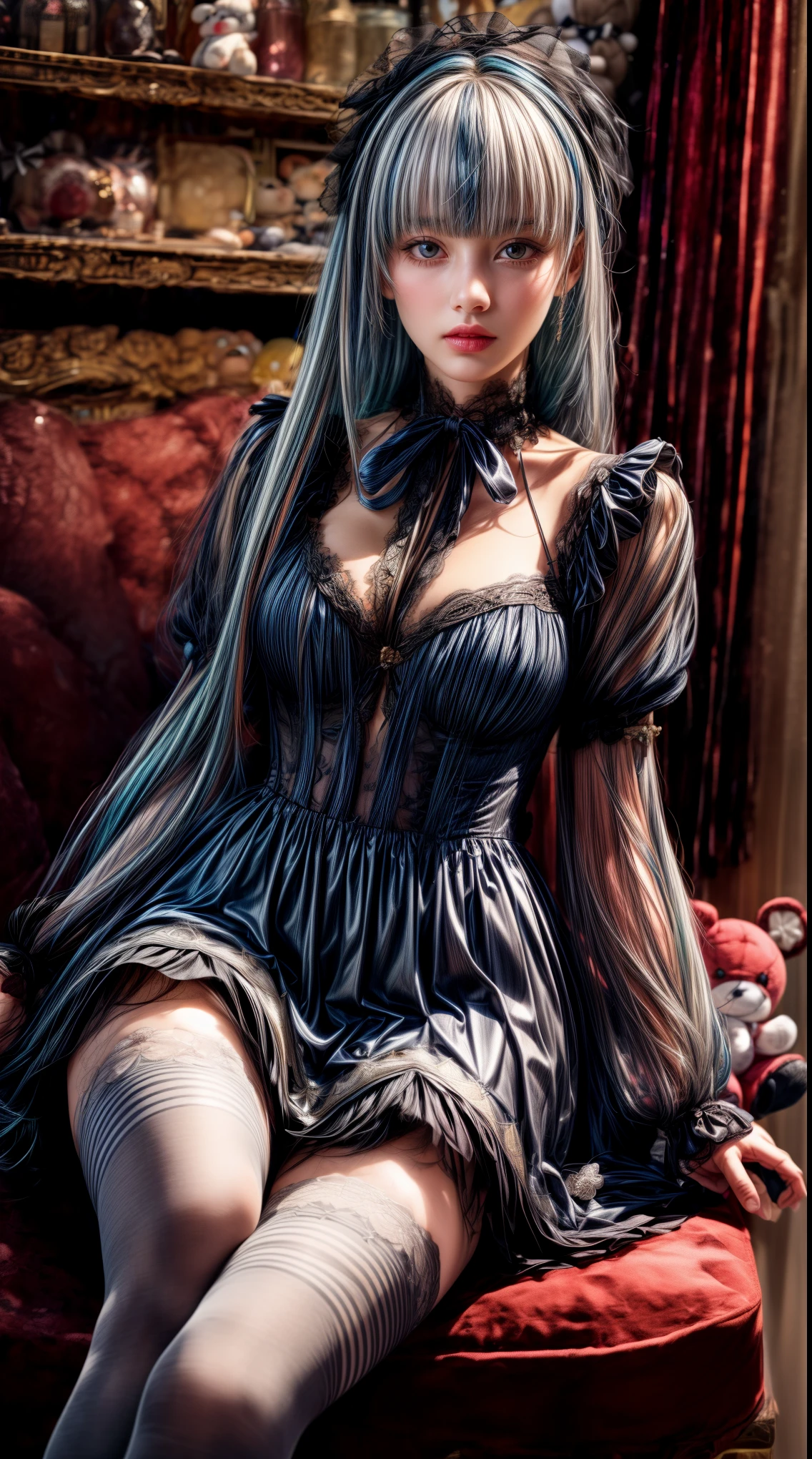 Mature Woman、Light blue hair、((Light grey hair))、(((Two-tone hair)))、A white ta dress with delicate light blue decorations、Slender women、Cute Woman、 8K Ultra HD,Detailed face、Delicate texture, Long Hair、(((Blunt bangs)))、(((Drill Hair)))、Tutu skirt、thigh length tights、short boots、((Oriental Loli、mini skirt、A room in a Western-style building、((Delicate photo)),(Girl Astepeace RAW Photo Details:1.25), (highest quality:1.6), (超A high resolution:1.5), (Realistic:1.75), 8K resolution, Canon EOS R5, 50mm, Absurd, Very detailed,Cinema Lighting、((stuffed toy:1.3))、Browsing Caution:1.5