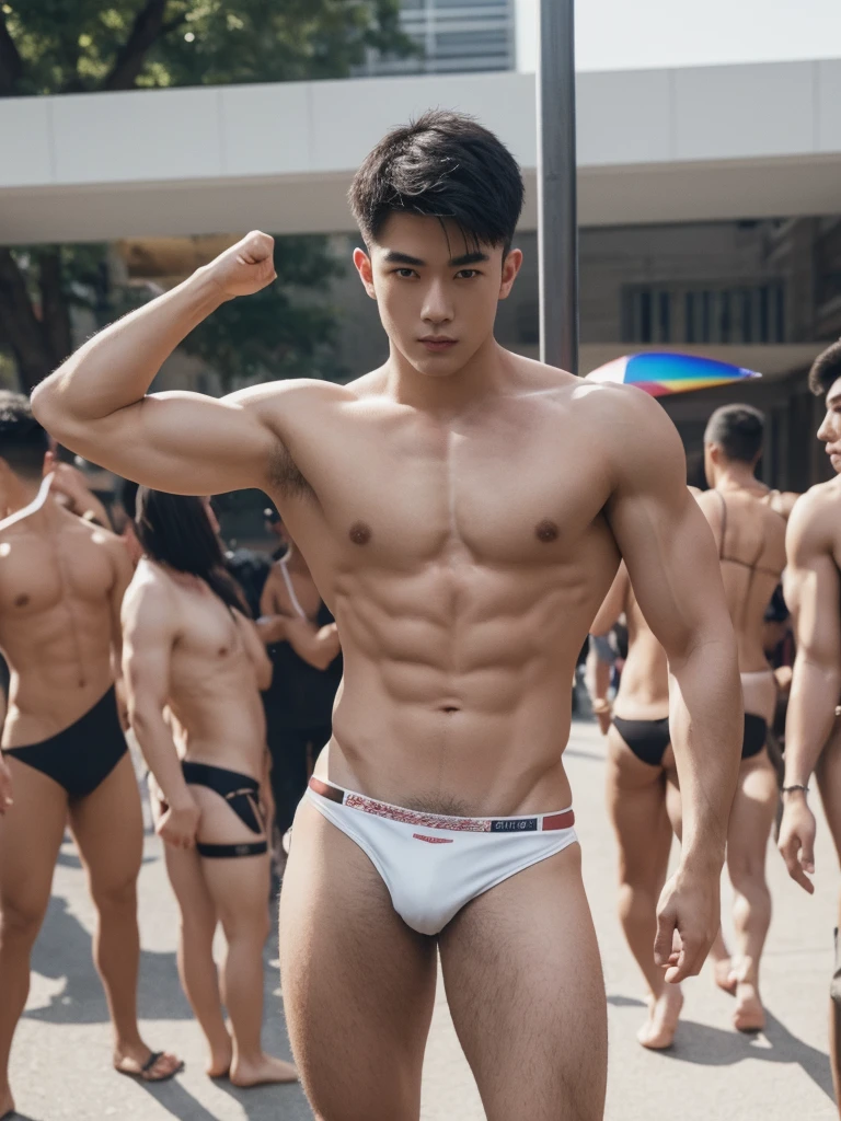 1boy,one handsome man,Asian,white skin, (head turned, looking at viewer:1.5),(short black hair:1.3),perfect hands,five fingers on each hand,black boots,(sexy bikini thong:1.3), (pubes: 1.3), shirtless, topless, braless, lifted arms, muscular,(manly pose on the gay parade:1.5),street,day,daytime,natural lighting,outdoor,best quality,masterpiece,ultra highres,photorealistic,realistic,