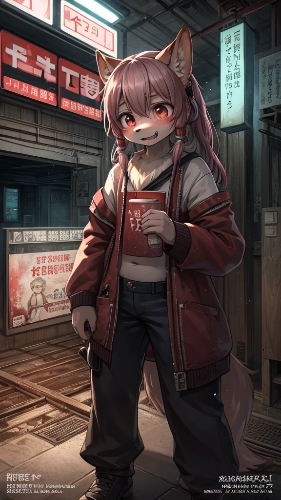 (Kisaragi Station horror movie advertisement:1.5) , Hallucination, flashback , Delusions of grandeur , Shocking moment , bad trip , Daydream , Steamy girly body , can not stand it any longer , I can't wait to eat it , Predator's Eyes , Disheveled clothing , Baring his fangs, he attacks the viewer , fps , Long muzzle , female , There are lots of highlights of the movie , realistic hairy fur , round face , moist round eyes , Swollen cheeks , hair ties , Short stature