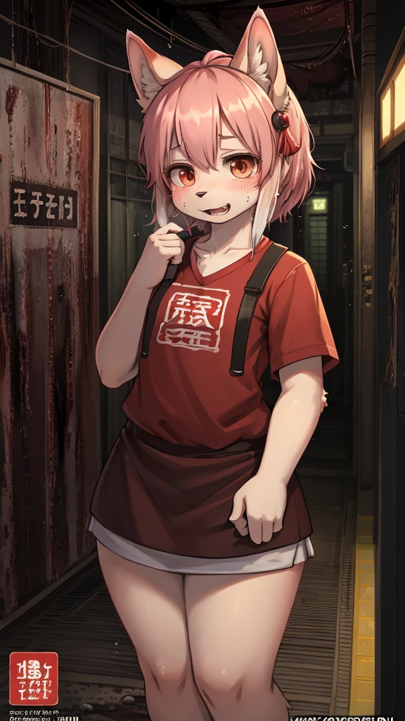 (Kisaragi Station horror movie advertisement:1.5) , Hallucination, flashback , Delusions of grandeur , Shocking moment , bad trip , Daydream , Steamy girly body , can not stand it any longer , I can't wait to eat it , Predator's Eyes , Disheveled clothing , Baring his fangs, he attacks the viewer , fps , Long muzzle , female , There are lots of highlights of the movie , realistic hairy fur , round face , moist round eyes , Swollen cheeks , hair ties , Short stature
