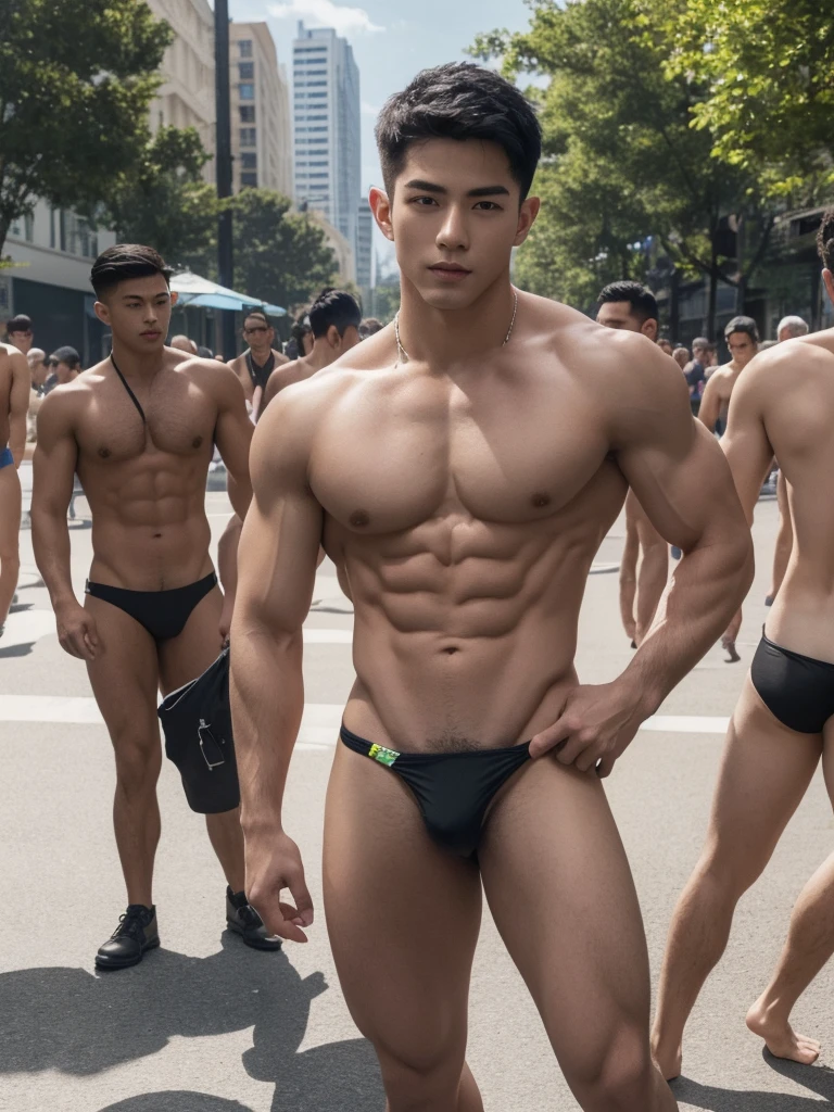 1boy,one handsome man,Asian,white skin, (head turned, looking at viewer:1.5),(short black hair:1.3),perfect hands,five fingers on each hand,black boots,(sexy bikini thong:1.3), (pubes: 1.3), shirtless, topless, braless, lifted arms, muscular,(manly pose on the gay parade:1.5),street,day,daytime,natural lighting,outdoor,best quality,masterpiece,ultra highres,photorealistic,realistic,