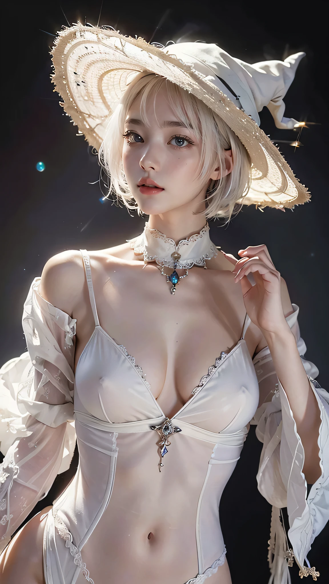 (masterpiece), (work of art), (amazing work), (detailed eyes), (delicate skin), (heterochromatic eyes), (multicolored), (short white hair with bangs), (sparkling eyes), (1girl) with witch's hat, ancient, old, wearing extravagant medieval clothes, masterpiece, best quality, best desinger, best illustration