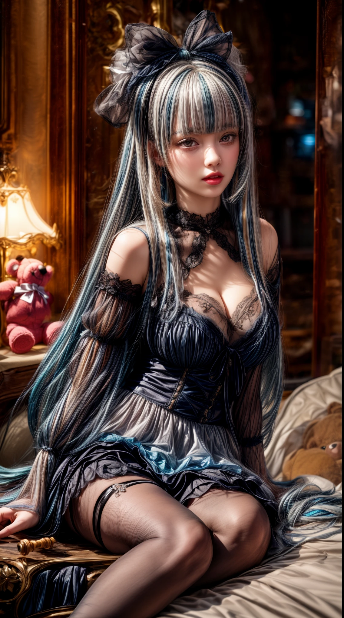 Light blue hair、(Black Hair)、((Two-tone hair))、Black Lolita dress with delicate light blue decoration、Slender women、Cute Woman、 8K Ultra HD,Detailed face、Delicate texture, Long Hair、(((Blunt bangs)))、(((Drill Hair)))、Tutu skirt、Thigh-length tights、short boots、((Sweet Lolita))、mini skirt、A room in a Western-style building、((Delicate photo))，(Girl Astepeace RAW Photo Details:1.25), (highest quality:1.6), (超A high resolution:1.5), (Realistic:1.75), 8K resolution, Canon EOS R5, 50mm, Absurd, Super detailed,Cinema Lighting、((Whiskey glass and stuffed toy))