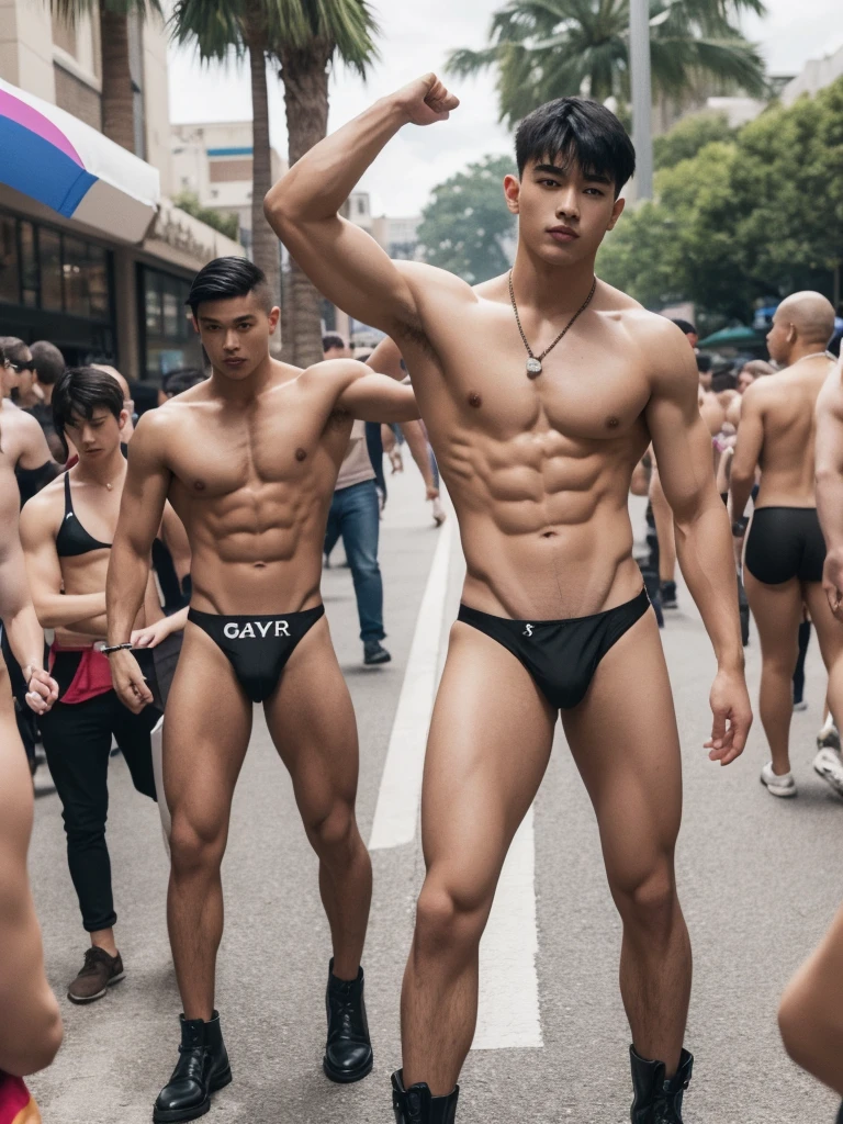 1boy,one handsome man,Asian,white skin, (head turned, looking at viewer:1.5),(short black hair:1.3),perfect hands,five fingers on each hand,black boots,(sexy bikini thong:1.3), (pubes: 1.3), shirtless, topless, braless, lifted arms, muscular,(manly pose on the gay parade:1.5),street,day,daytime,natural lighting,outdoor,best quality,masterpiece,ultra highres,photorealistic,realistic,