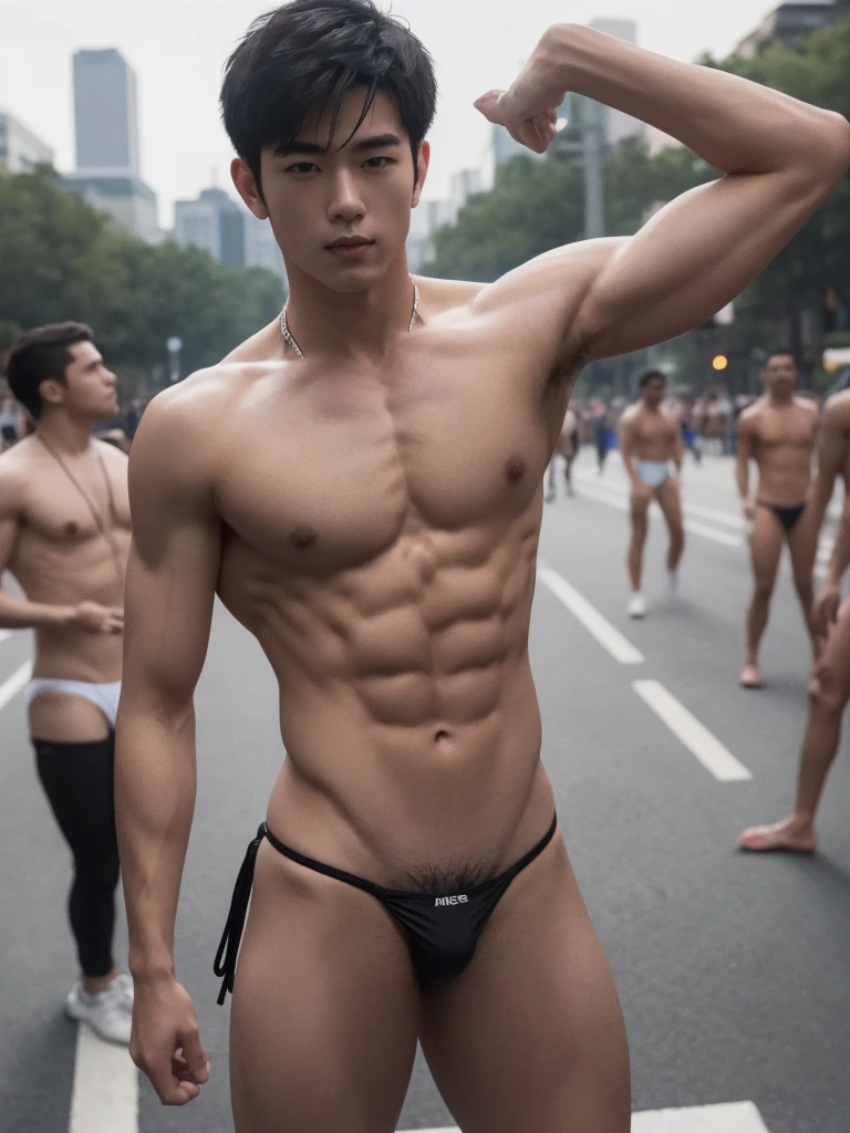 1boy,one handsome man,Asian,white skin,  (head turned, looking at viewer:1.5),(short black hair:1.3),perfect hands,five fingers on each hand,black boots,(sexy bikini thong:1.3), (pubes: 1.3), shirtless, topless, braless, lifted arms, muscular,(manly pose on the gay parade:1.5),street,day,daytime,natural lighting,outdoor,best quality,masterpiece,ultra highres,photorealistic,realistic,